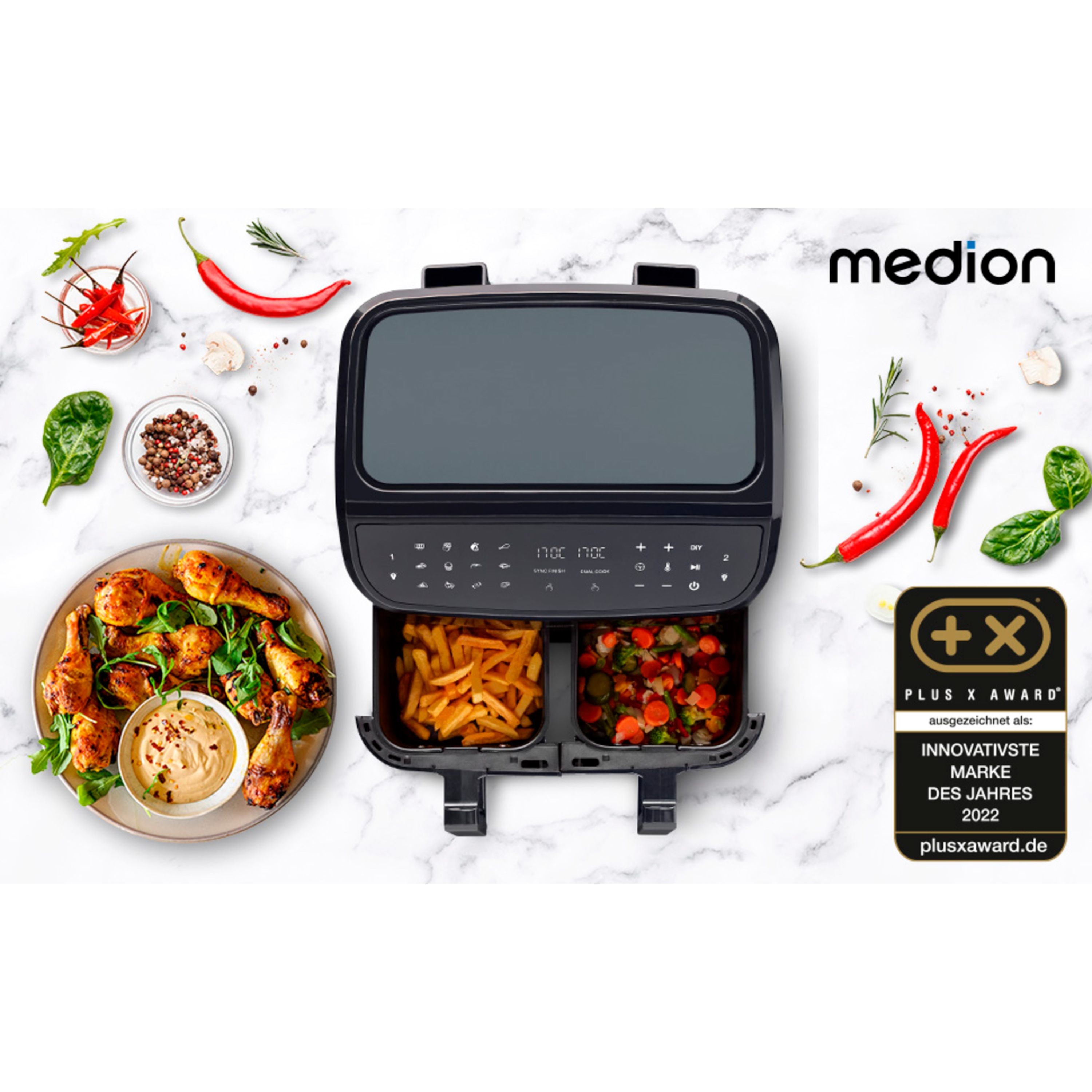 MEDION® LIFE® P20 XXL Twin Doppelzonen-Heißluftfritteuse MD 11760, 100 Rezepte in der Life+ App, 2 separate Garzonen, 9 Automatikprogramme, 8,7 L Gesamt-Nutzinhalt, 2.600 Watt, Temperatur einstellbar bis 200 °C