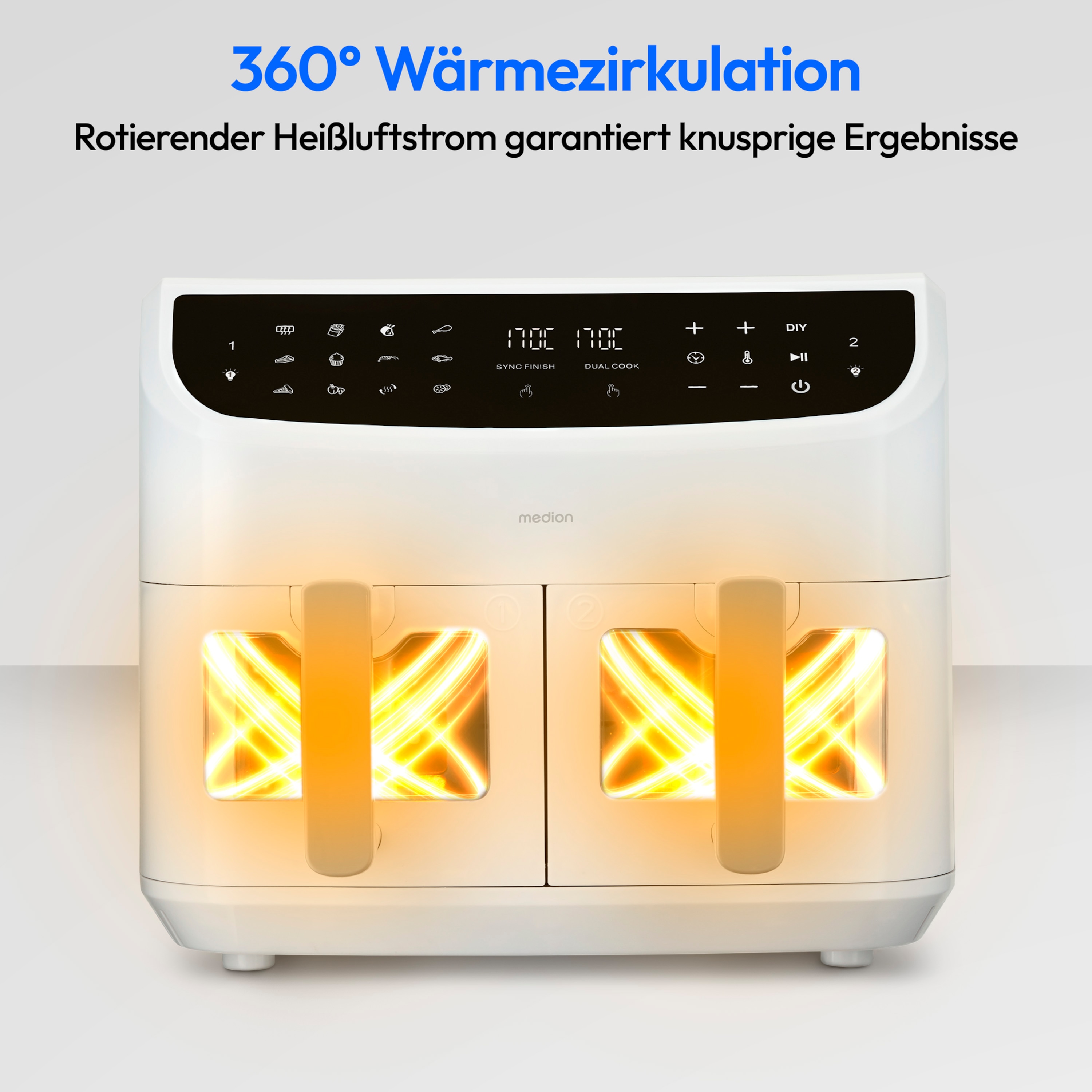 MEDION® LIFE® P20 XXL Twin Doppelzonen-Heißluftfritteuse MD 11760, 100 Rezepte in der Life+ App, 2 separate Garzonen, 9 Automatikprogramme, 8,7 L Gesamt-Nutzinhalt, 2.600 Watt, Temperatur einstellbar bis 200 °C