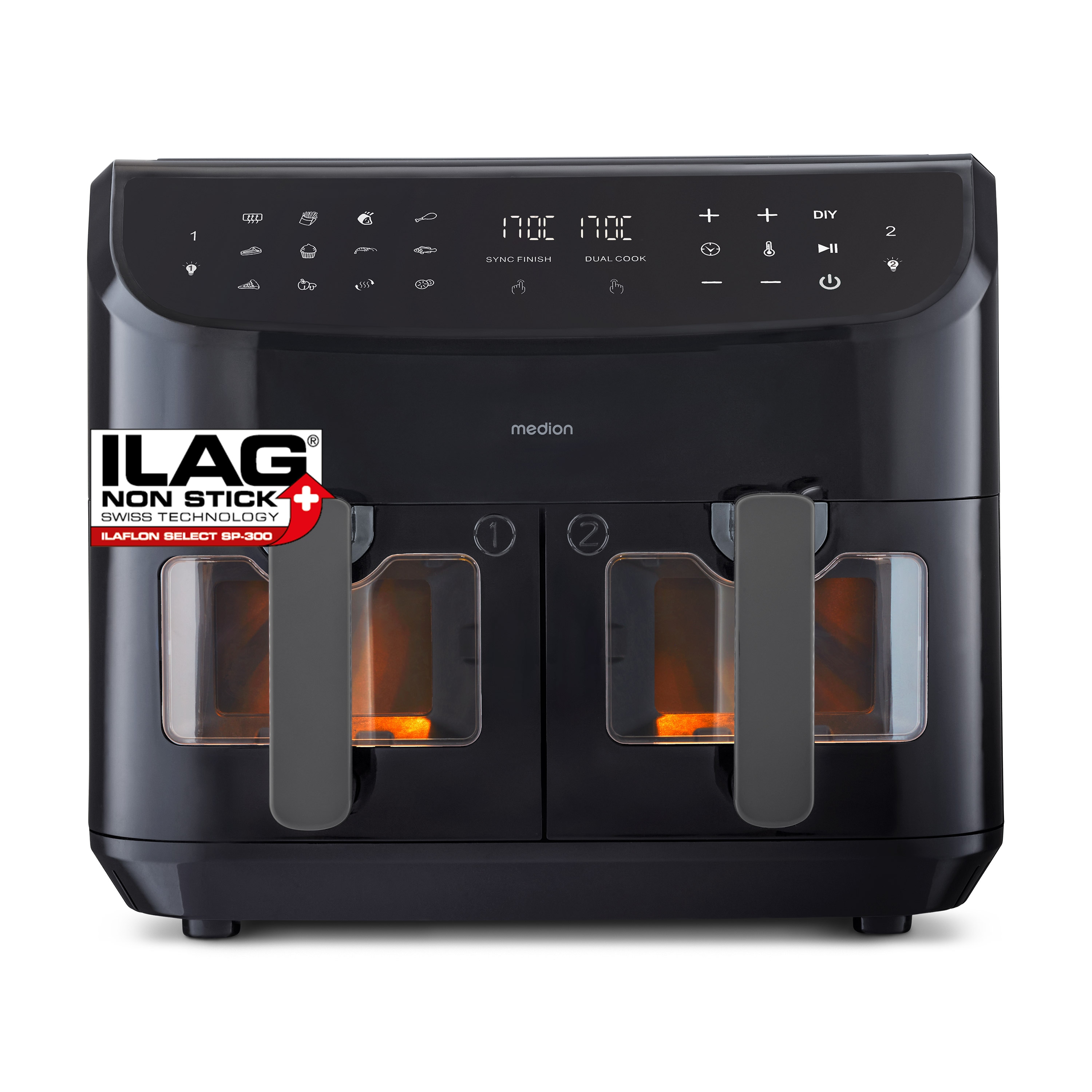 MEDION® LIFE® P20 XXL Twin Doppelzonen-Heißluftfritteuse MD 11760, 100 Rezepte in der Life+ App, 2 separate Garzonen, 9 Automatikprogramme, 8,7 L Gesamt-Nutzinhalt, 2.600 Watt, Temperatur einstellbar bis 200 °C