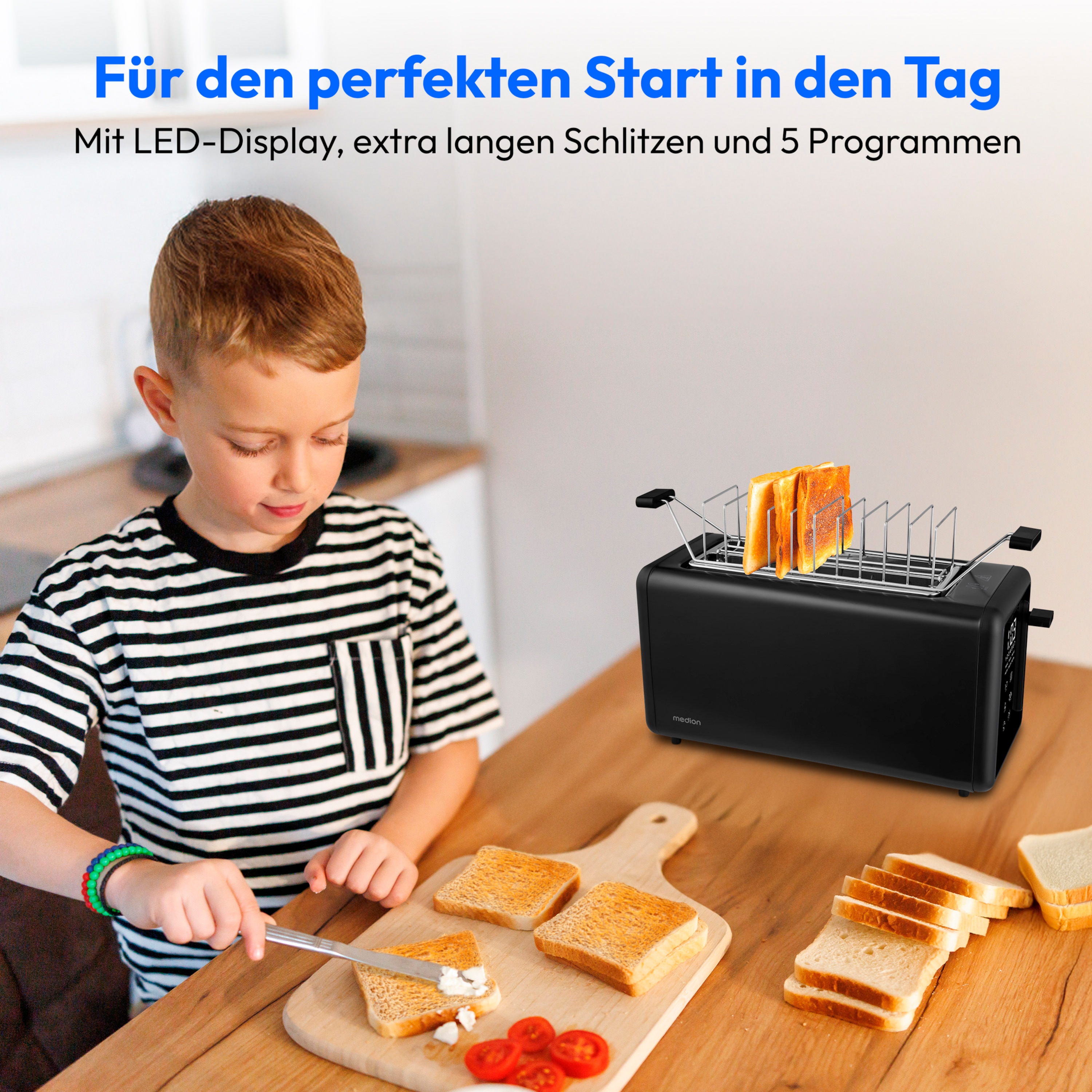 MEDION® MEDION LIFE Toaster MD12103, 2 lange Toastschlitze für bis zu 4 Toasts, LED Sensor-Touch-Display, 7 Bräunungsstufen und 5 Automatikprogramme