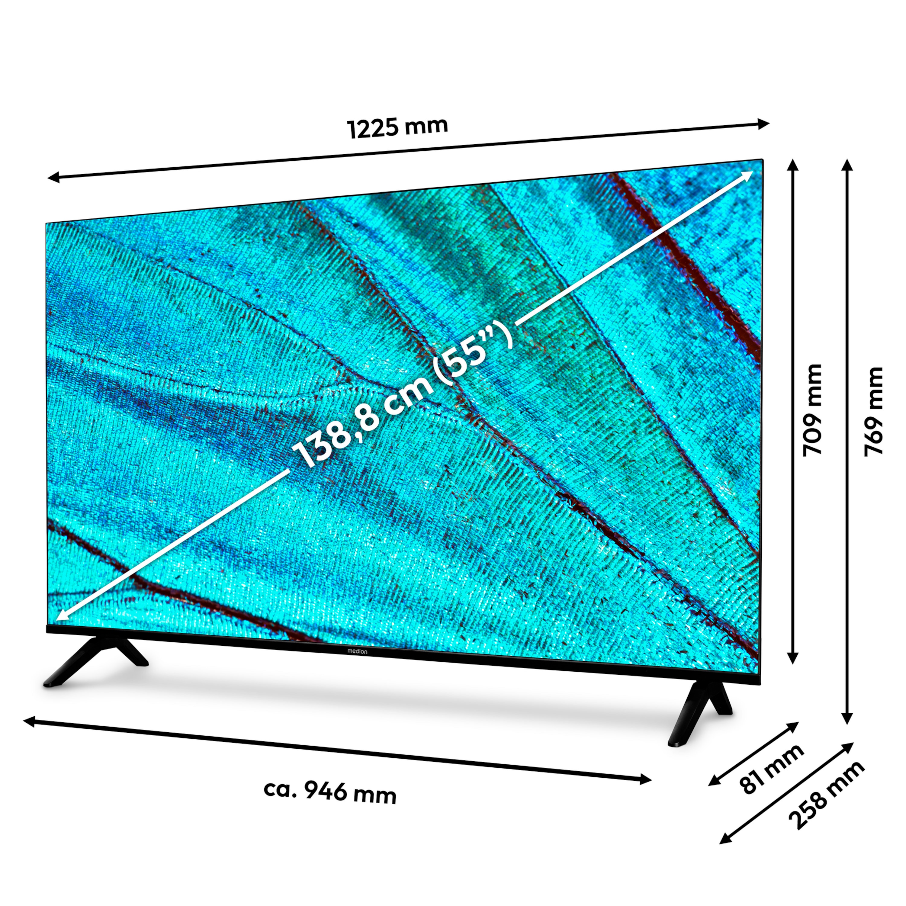MEDION® LIFE® X8552500 (MD 855200) Ultra HD LCD Smart-TV, 138,8 cm (55'') Ultra HD Display, HDR, PVR ready, NETFLIX, Prime Video, Disney+, DAZN, Paramount+ App, VIDAA App Store, Bluetooth®, HD Triple Tuner, CI+ Schnittstelle
