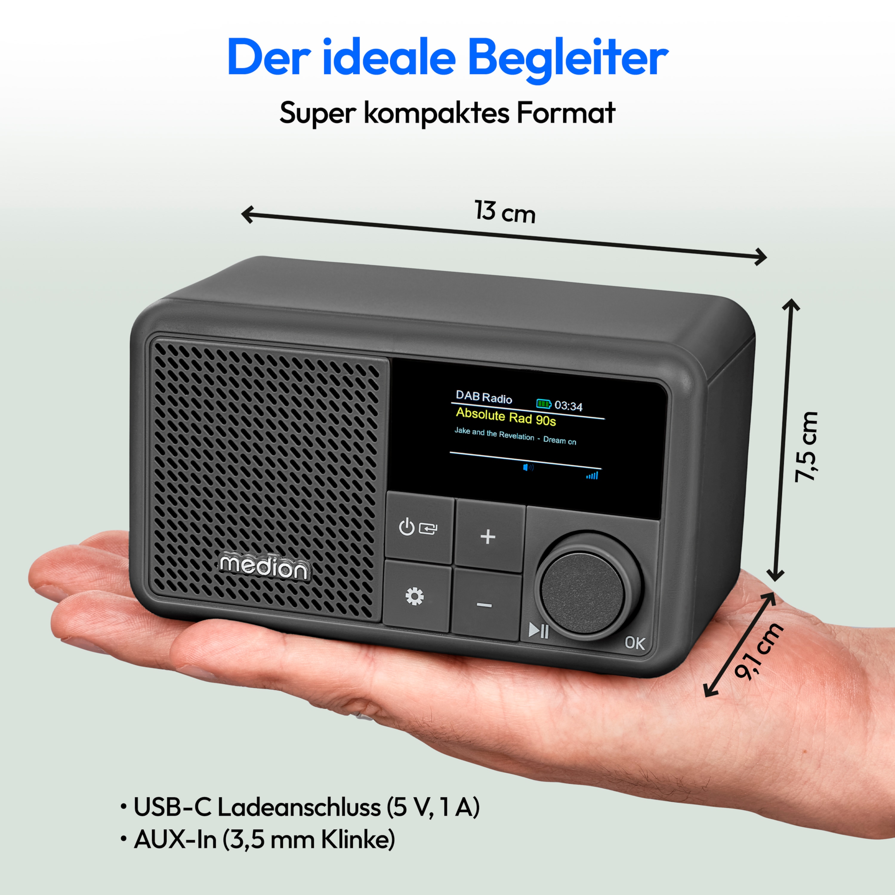 MEDION® LIFE® S66822 Tragbares DAB+ Radio, Farb-TFT Display 3,73 cm (1,47''), DAB+/UKW-Radio (je 40 Senderspeicher), Bluetooth® 5.3, integrierter Akku, extra kompakt, 2 W RMS