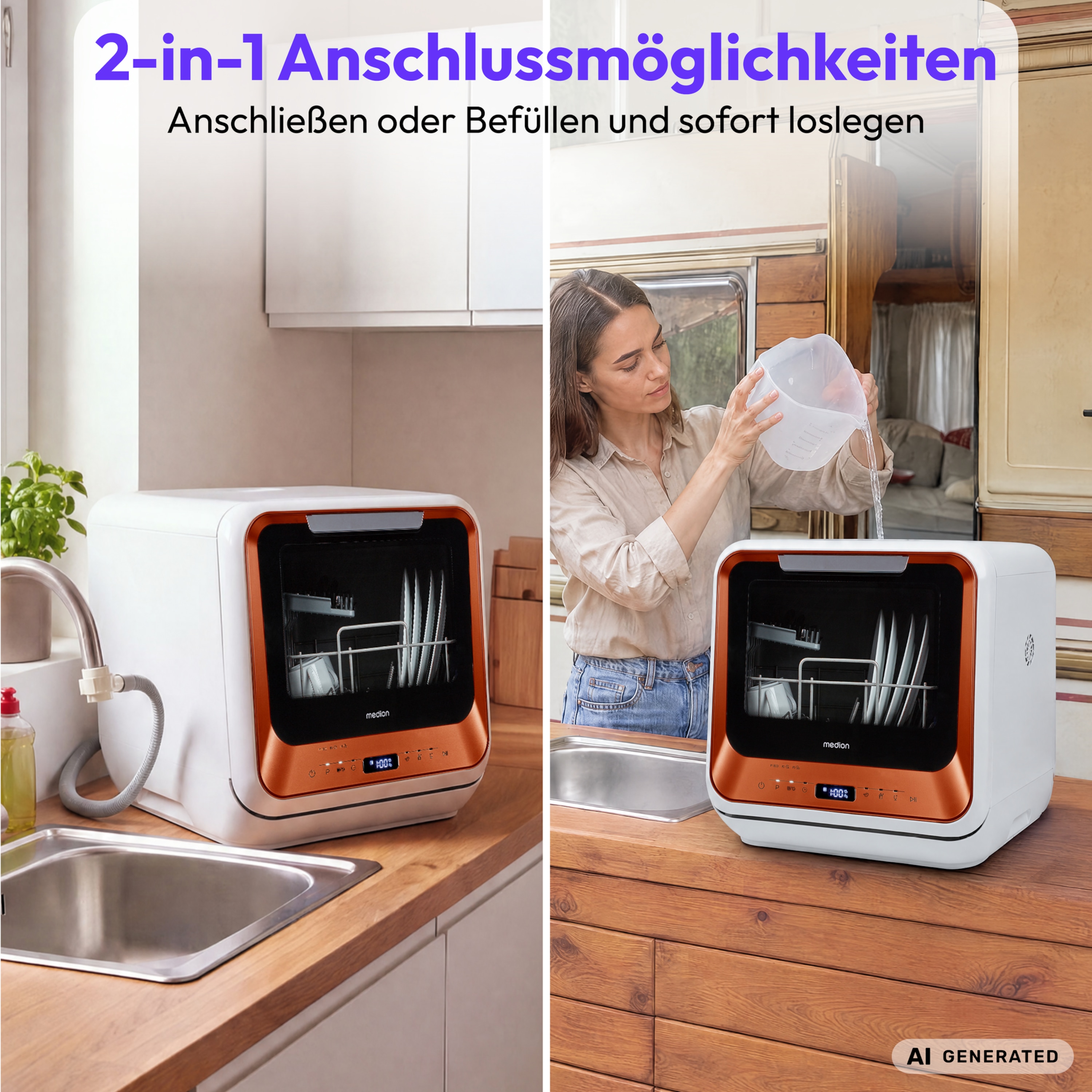 MEDION® LIFE Mini-Geschirrspüler DWT20 (MD37763) bronze, für 2 Gedecke, 6 Reinigungsprogramme, Startzeitvorwahl