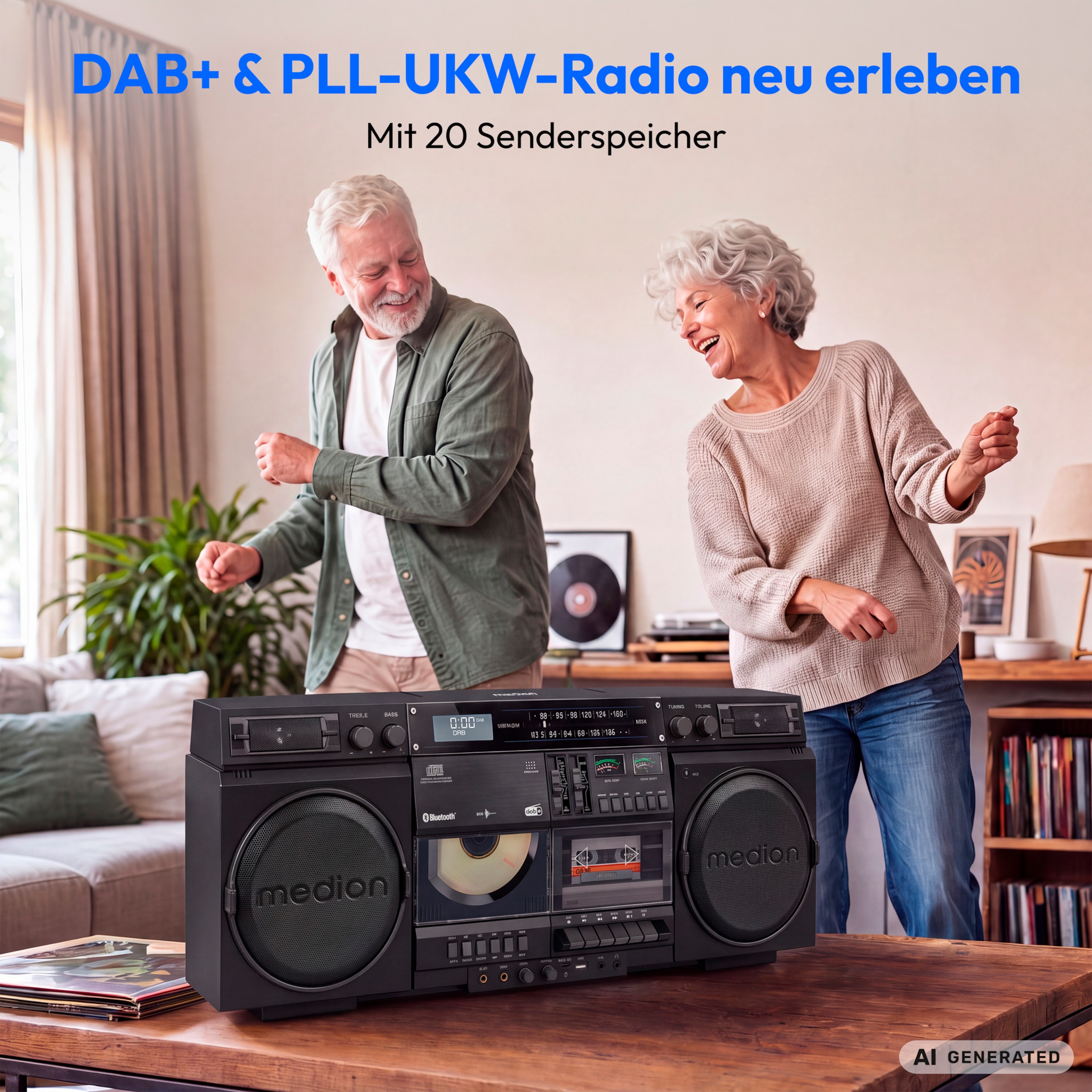 MEDION® LIFE P66538 Retro-Boombox schwarz, DAB+/PLL-UKW Radio, Bluetooth® 5.3 für das Abspielen von Smartphone & Co, CD-Player, Kassettendeck, X-Bass Funktion, 2 x 10 W RMS