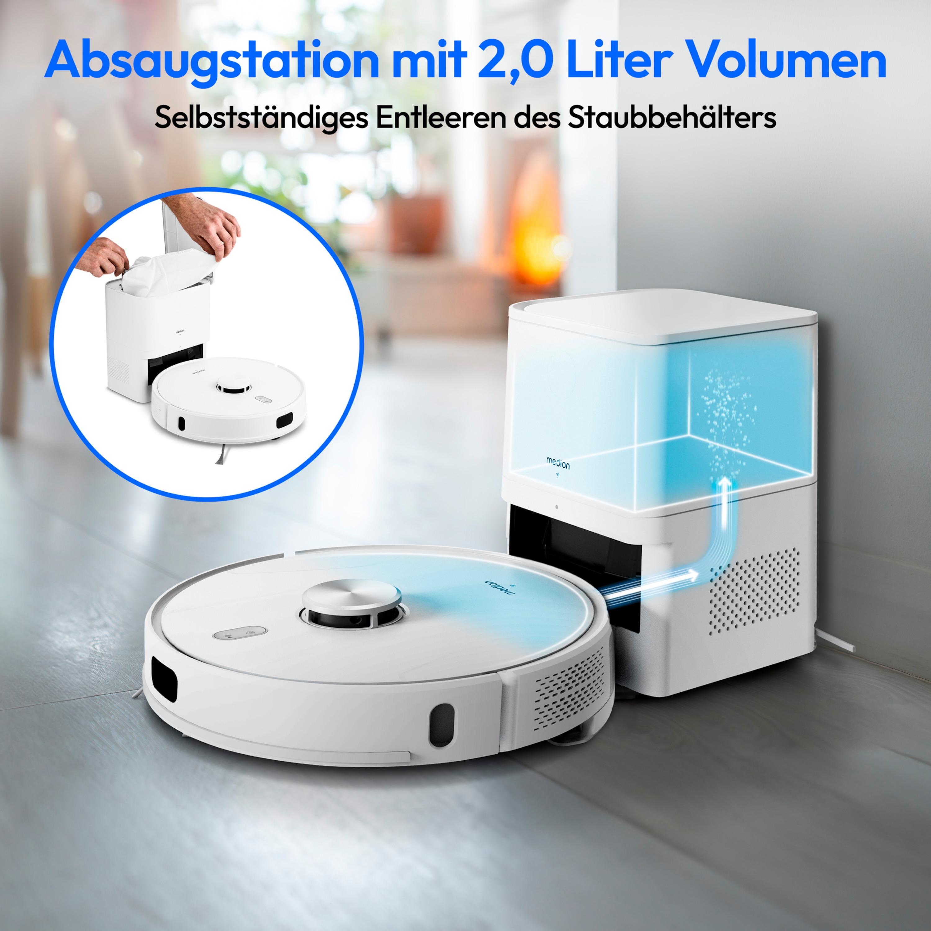 MEDION® Saugroboter mit Absaugstation X41 SW+, Wischfunktion, Lasernavigation, starke 8.000 Pa Saugkraft, No Go & Go Bereiche, präzise Kartenerstellung, mehrere Etagen