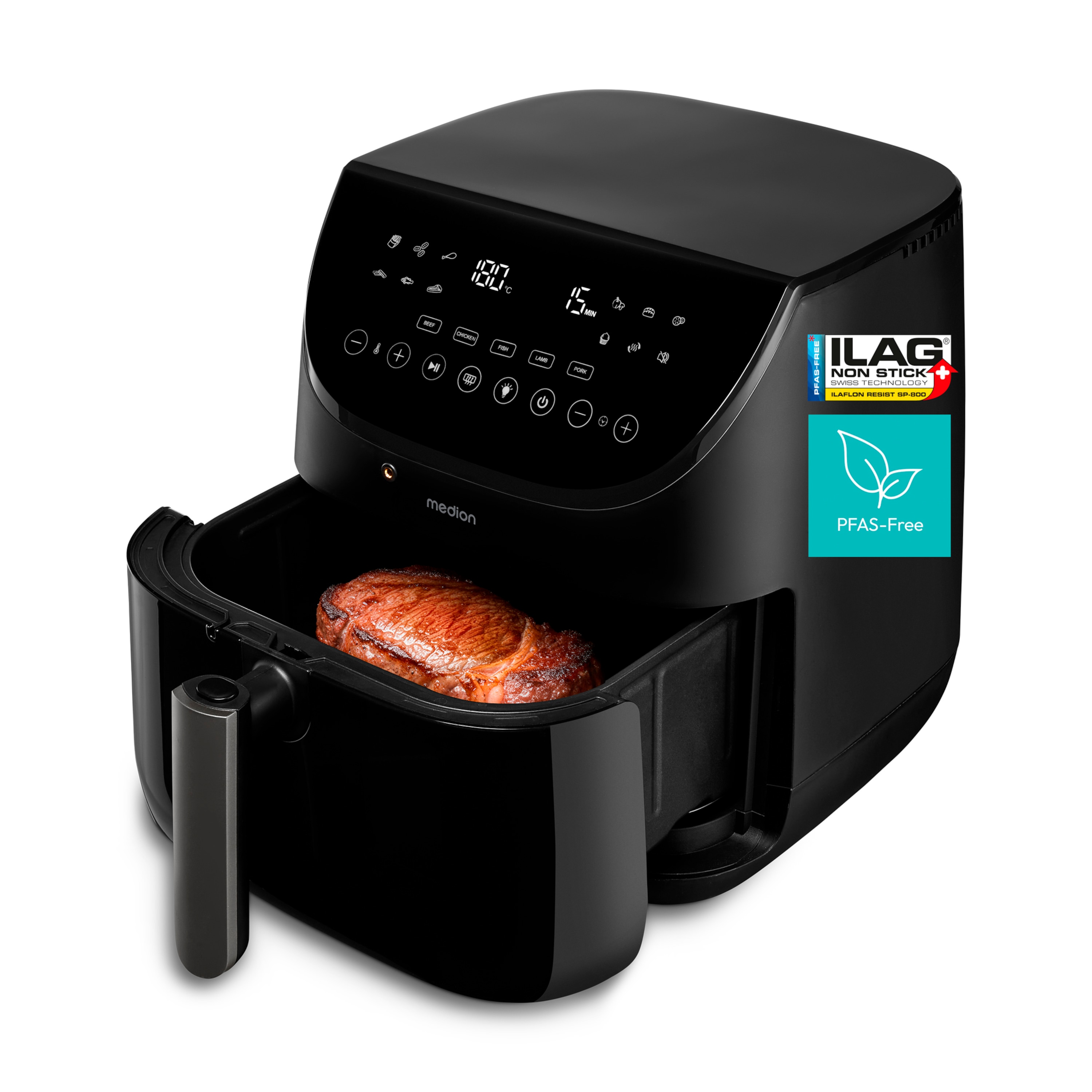 MEDION® LIFE Heißluftfritteuse X20 XL (MD13060), Temperaturfühler, MEDION Life+ App, Touch-Sensor- Bedienfeld, 6,6 L Fassungsvermögen, 10 Automatikprogramme, 5 Fleischprogramme