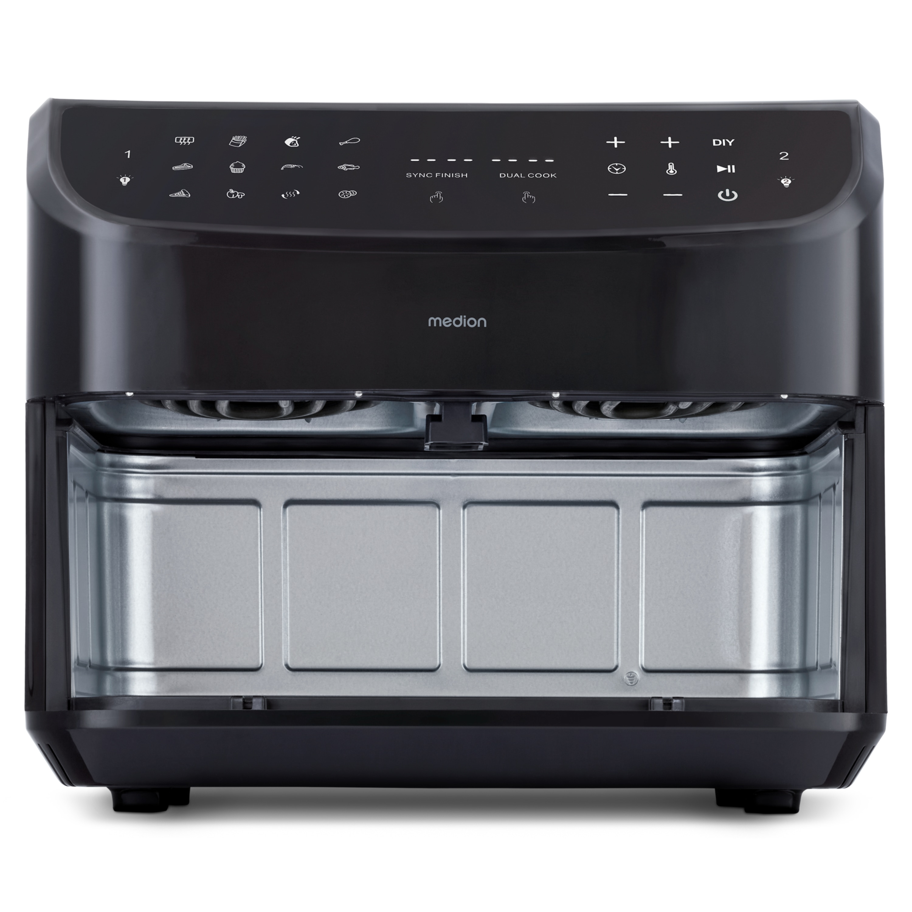 MEDION® LIFE® P20 XXL Twin Doppelzonen-Heißluftfritteuse MD 11760, 100 Rezepte in der Life+ App, 2 separate Garzonen, 9 Automatikprogramme, 8,7 L Gesamt-Nutzinhalt, 2.600 Watt, Temperatur einstellbar bis 200 °C