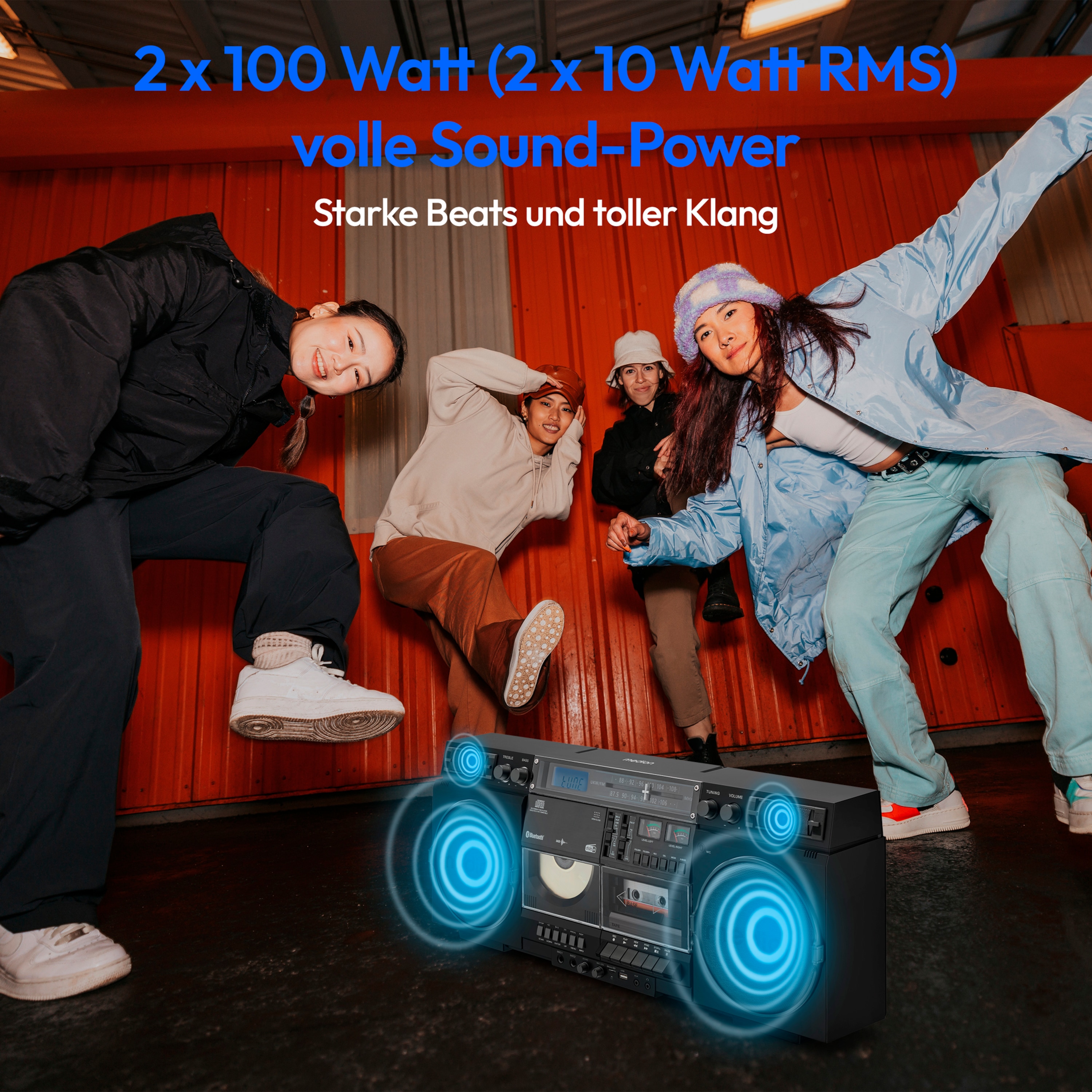 MEDION® LIFE® P66538 Retro-Boombox, DAB+/PLL-UKW Radio, Bluetooth® 5.3 für das Abspielen von Smartphone & Co, CD-Player, Kassettendeck, X-Bass Funktion, 2 x 10 W RMS