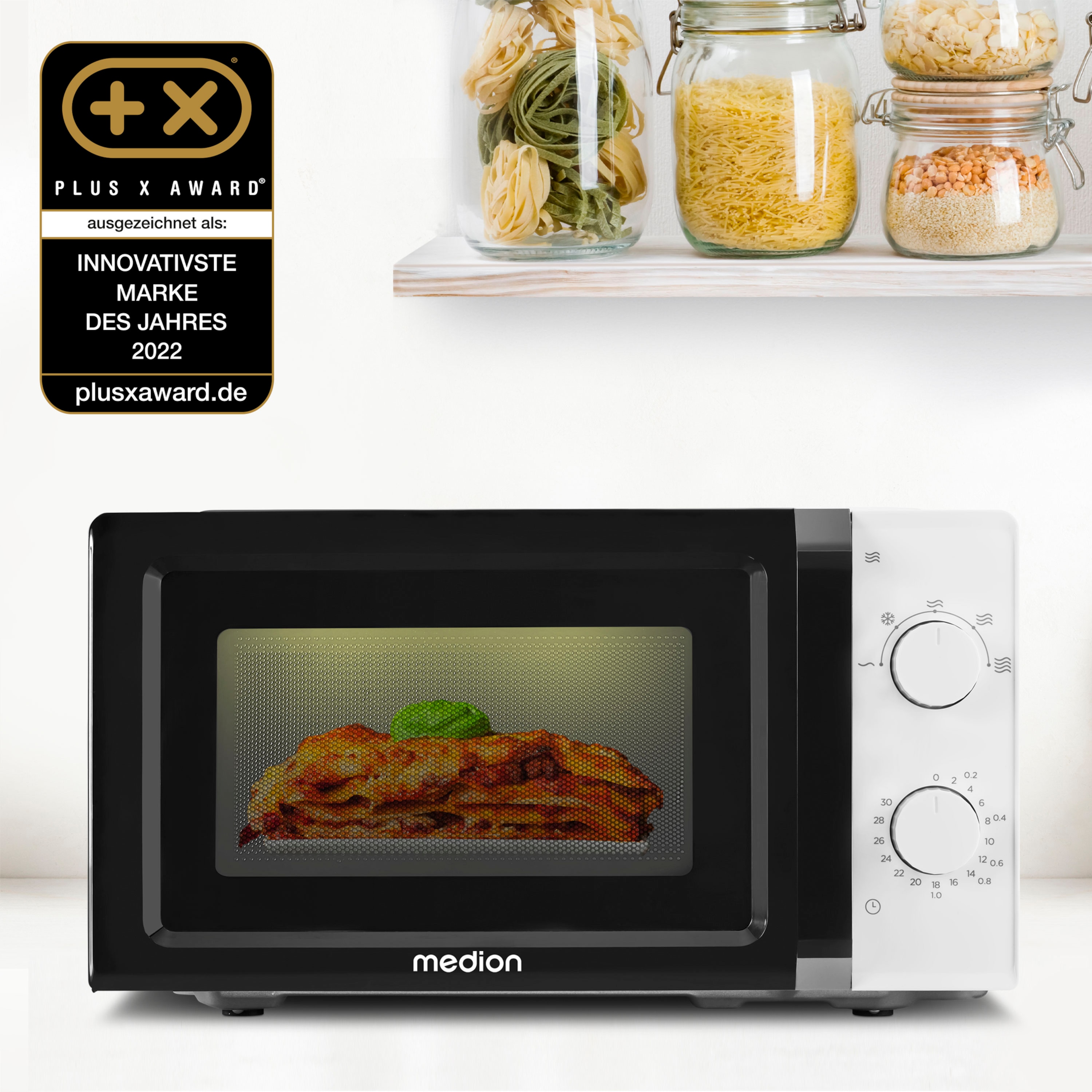 MEDION® LIFE® Mikrowelle MD 11475, 700 W Leistung, 20 L kompakt, 5 Mikrowellenstufen, Auftaufunktion, Timerfunktion