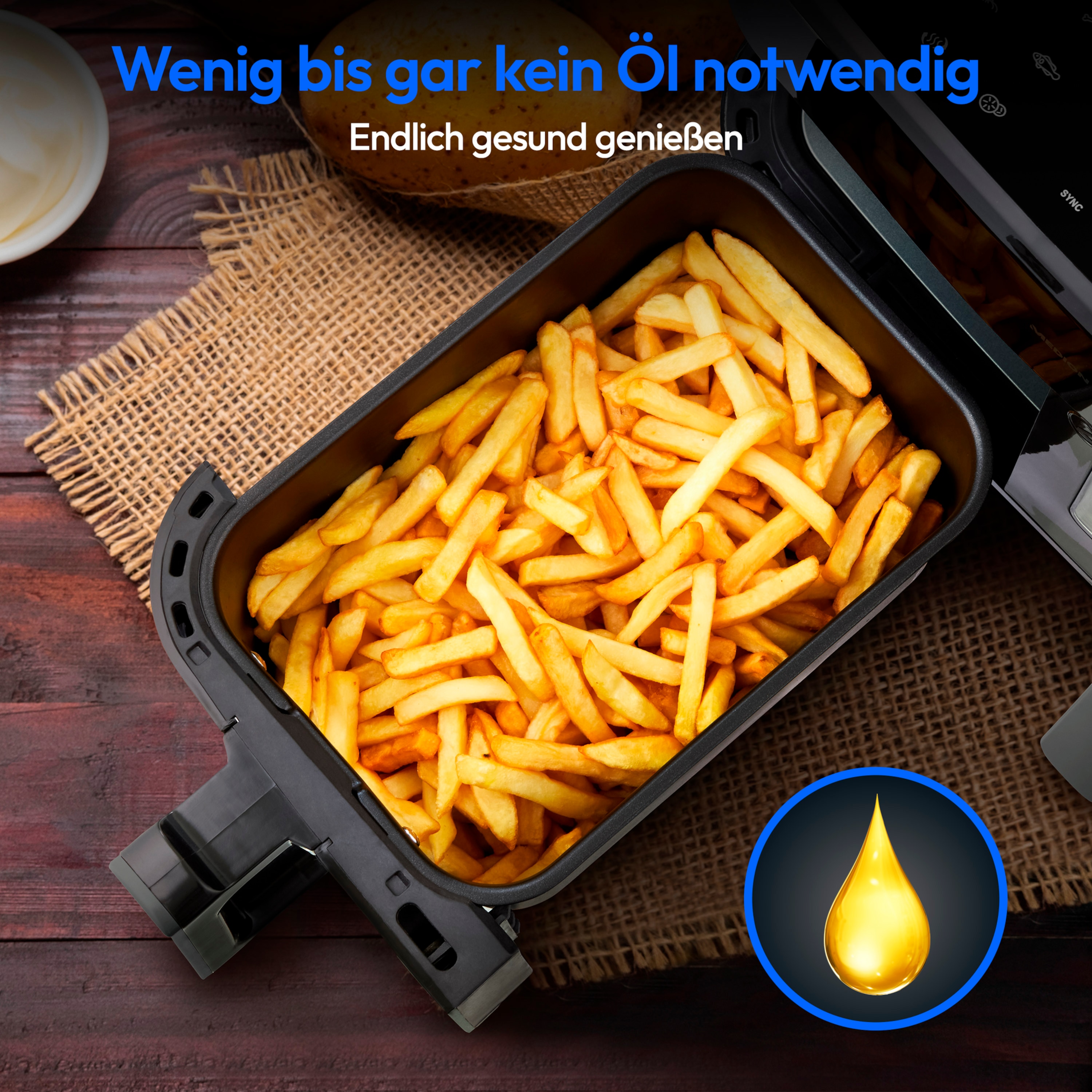 MEDION® LIFE® P20 XXL Twin Doppelzonen-Heißluftfritteuse MD 11760 matt grau, 100 Rezepte in der Life+ App, 2 separate Garzonen, 9 Automatikprogramme, 8,7 L Gesamt-Nutzinhalt, 2.600 Watt, Temperatur einstellbar bis 200 °C
