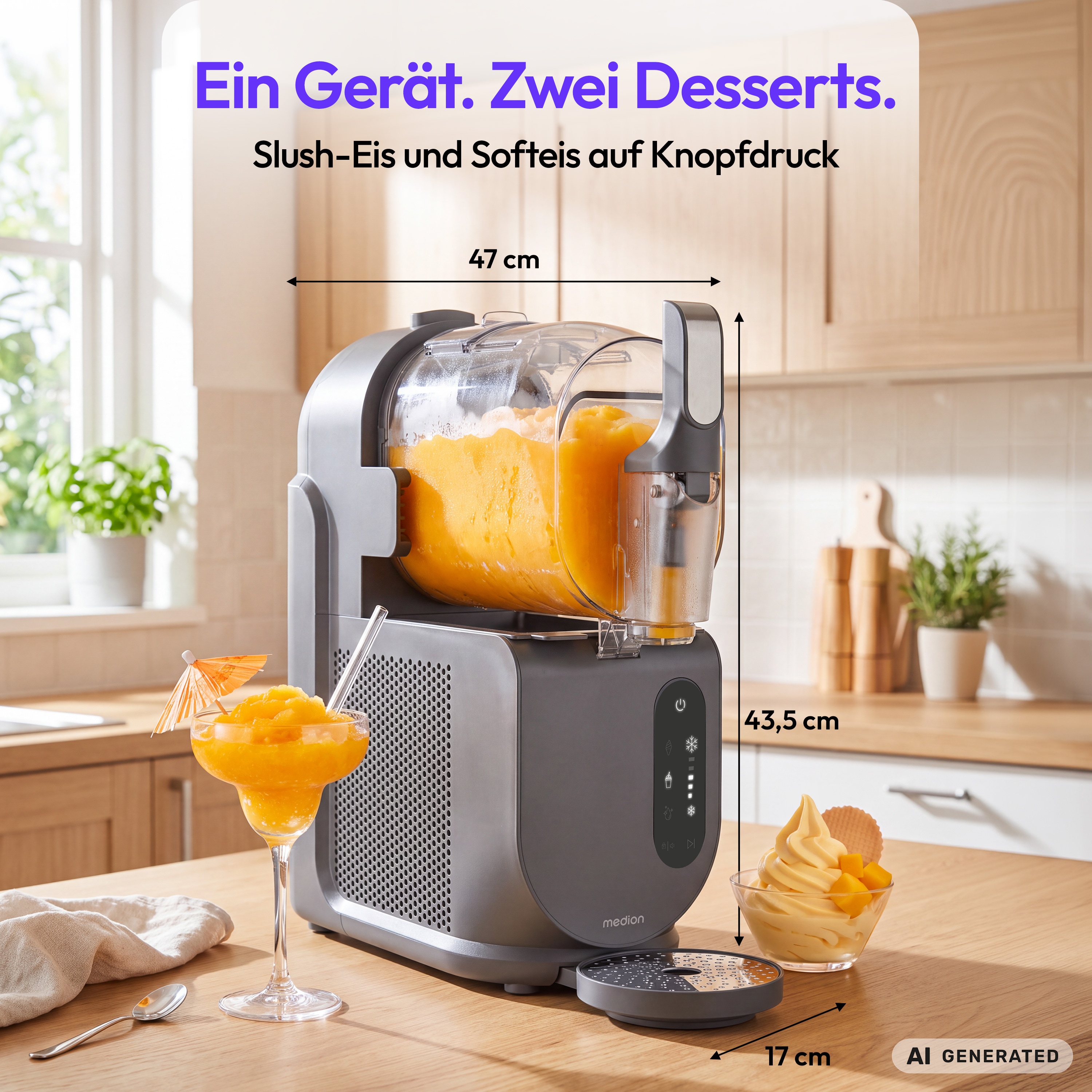 MEDION® LIFE Ice² 2-in-1 Slush- und Softeismaschine MD 100192, 2,6-Liter-Behälter, automatische Konsistenzerkennung, Touch-Bedienung, Kompressortechnologie, Selbstreinigung