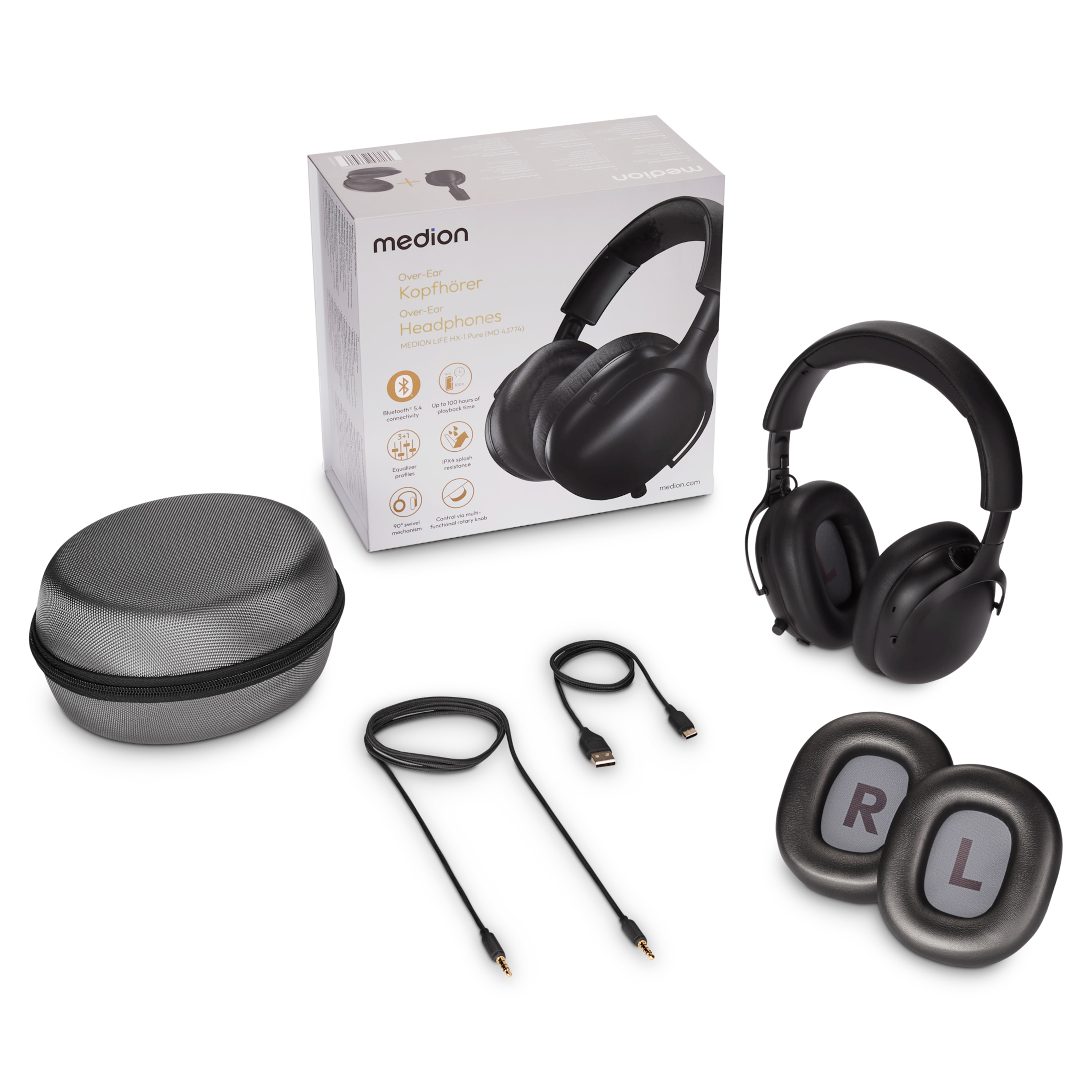 MEDION® Over Ear-Kopfhörer MEDION LIFE HX-1 Pure schwarz , bis zu 100 Stunden Akkulaufzeit, 3 EQ-Presets + 1 App-Preset, Bluetooth® 5.4 wireless technology, IPX4 Spritzwasserschutz