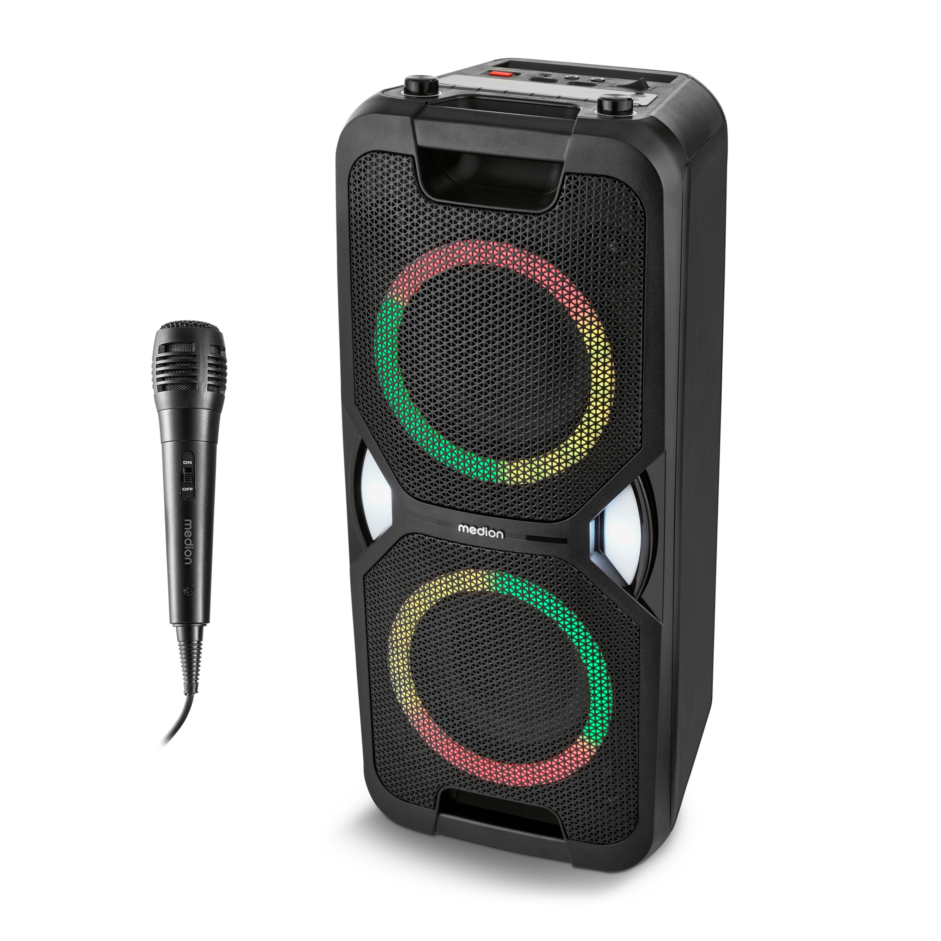 MEDION® LIFE® PE-1 Pure Partylautsprecher, PLL-UKW Radio, Bluetooth® 5.4, satter Sound, verschiedene Lichteffekte, X-Bass Bassanhebung, inkl. Mikrofon, 2 x 25 W RMS Ausgangsleistung
