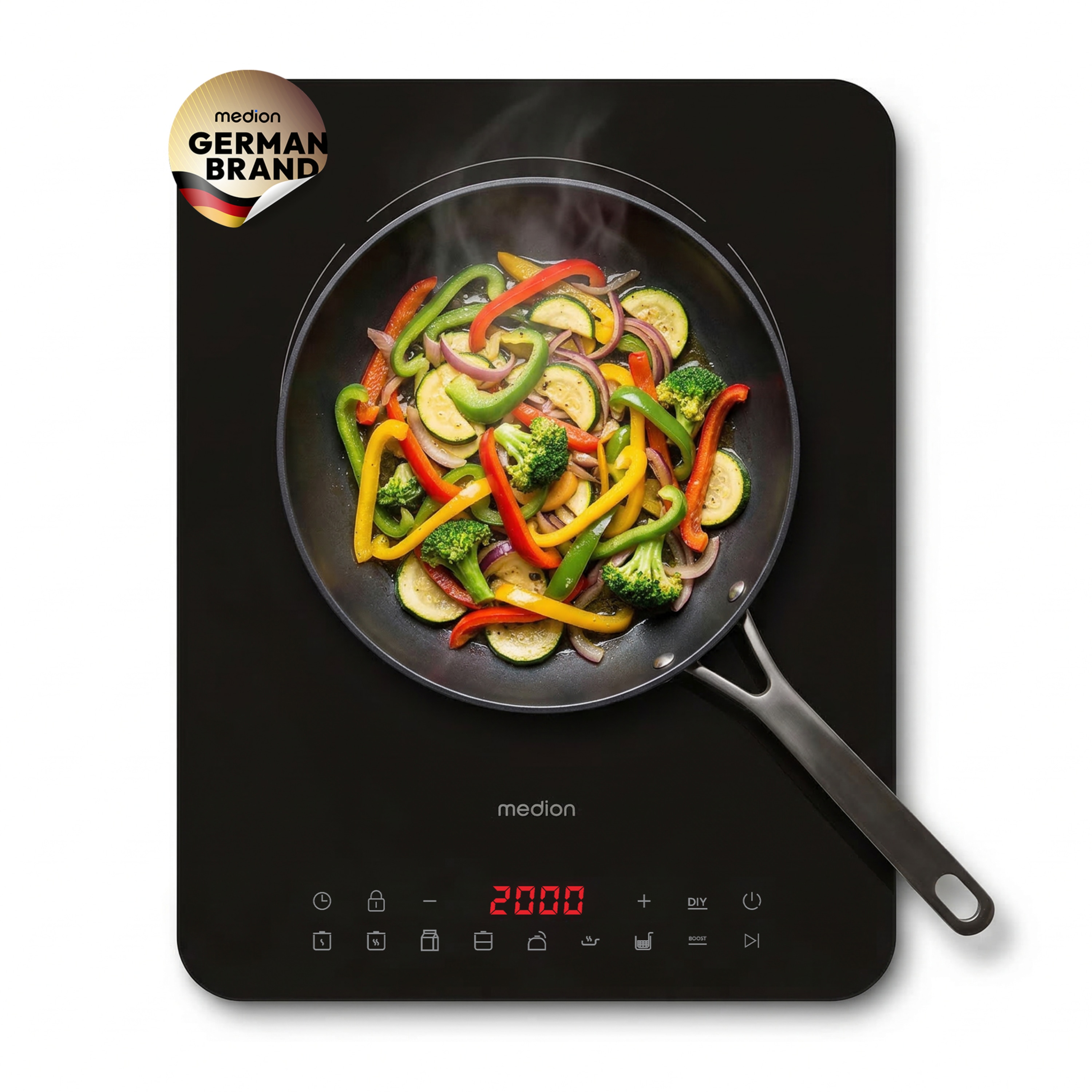 MEDION® Induktionskochplatte MD 100090, extra flach, 2100 Watt Induktionsleistung, 8 Automatikprogramme, LED Display, automatische Topferkennung