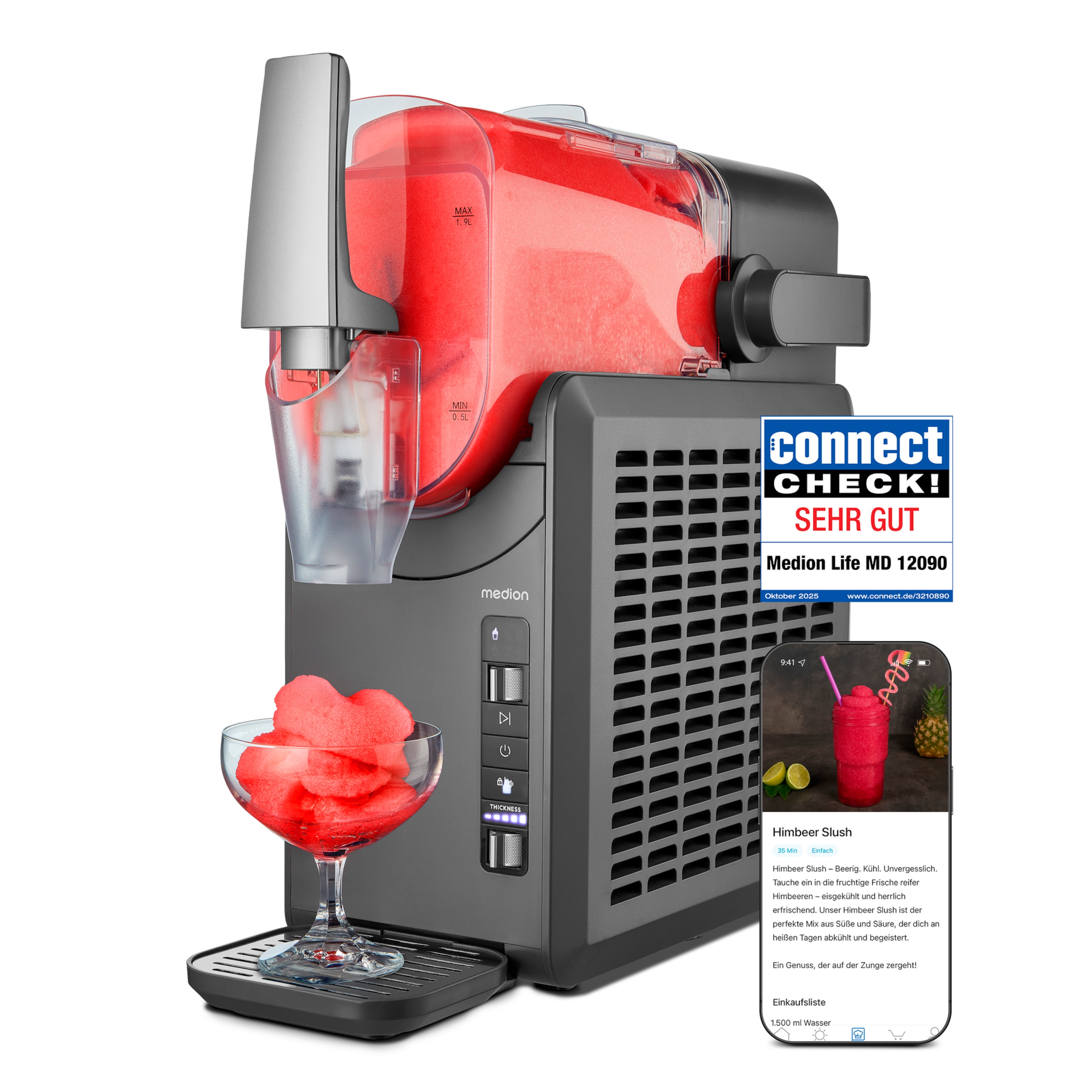 MEDION® LIFE Slush-Eismaschine MD12090, 2,6 L Slush-Eis Kapazität, Härtegradkontrolle, 5 Modi, 30–60 Minuten Zubereitungszeit², Abnehmbarer Tank
