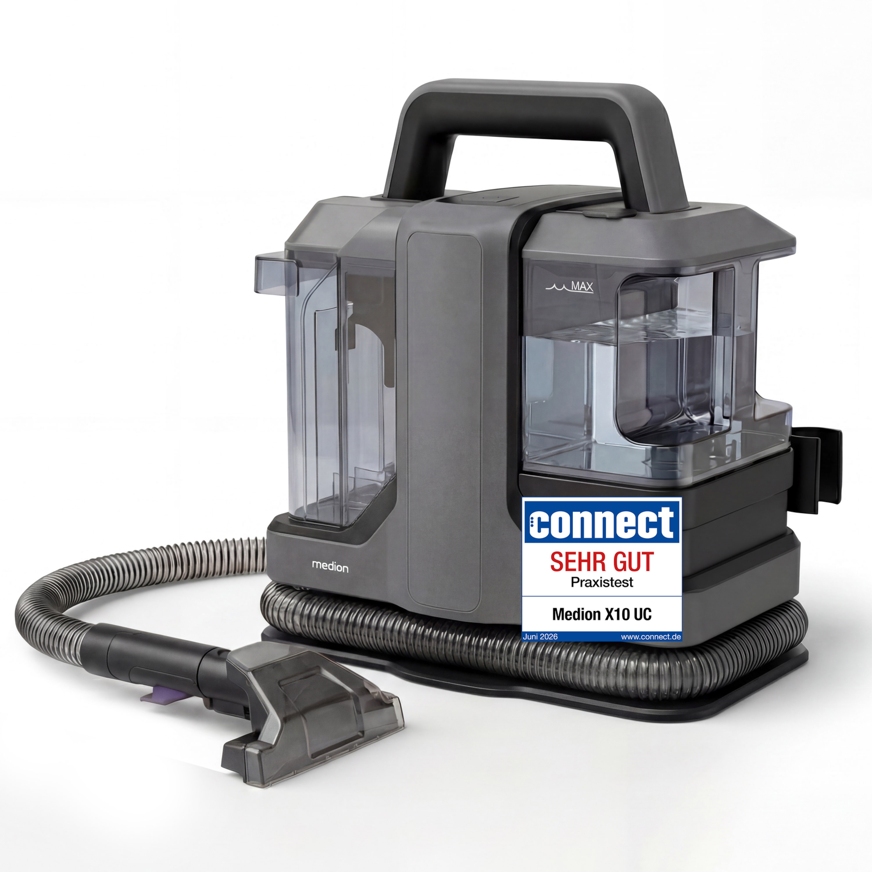 MEDION® E10 UC Polster- und Teppichreiniger (MD100122), 15 kPa Saugkraft, 1080 ml Frischwassertank, 730 ml Schmutzwassertank, IPX4, mit Tragegriff
