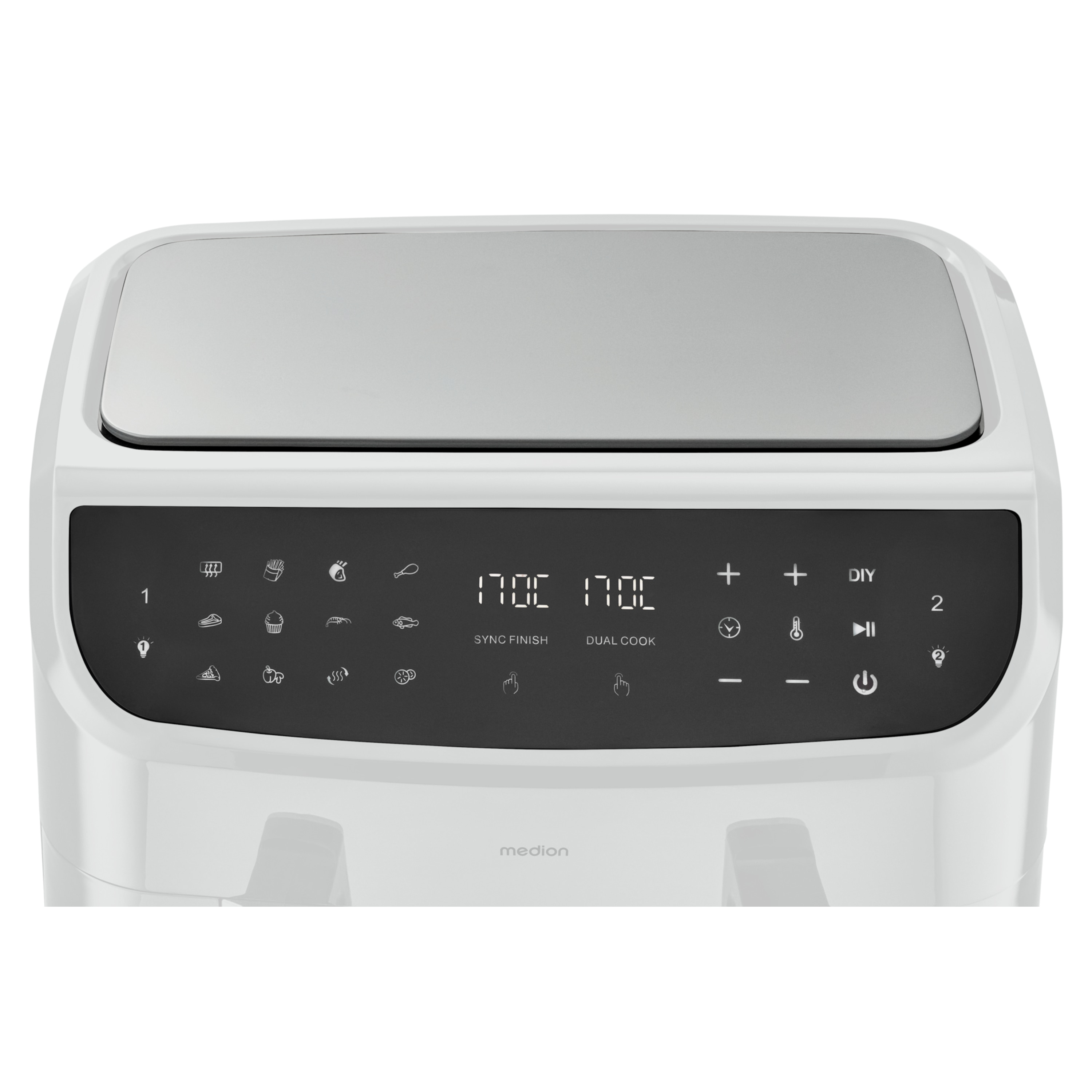 MEDION® LIFE® P20 XXL Twin Doppelzonen-Heißluftfritteuse MD 11760, 100 Rezepte in der Life+ App, 2 separate Garzonen, 9 Automatikprogramme, 8,7 L Gesamt-Nutzinhalt, 2.600 Watt, Temperatur einstellbar bis 200 °C
