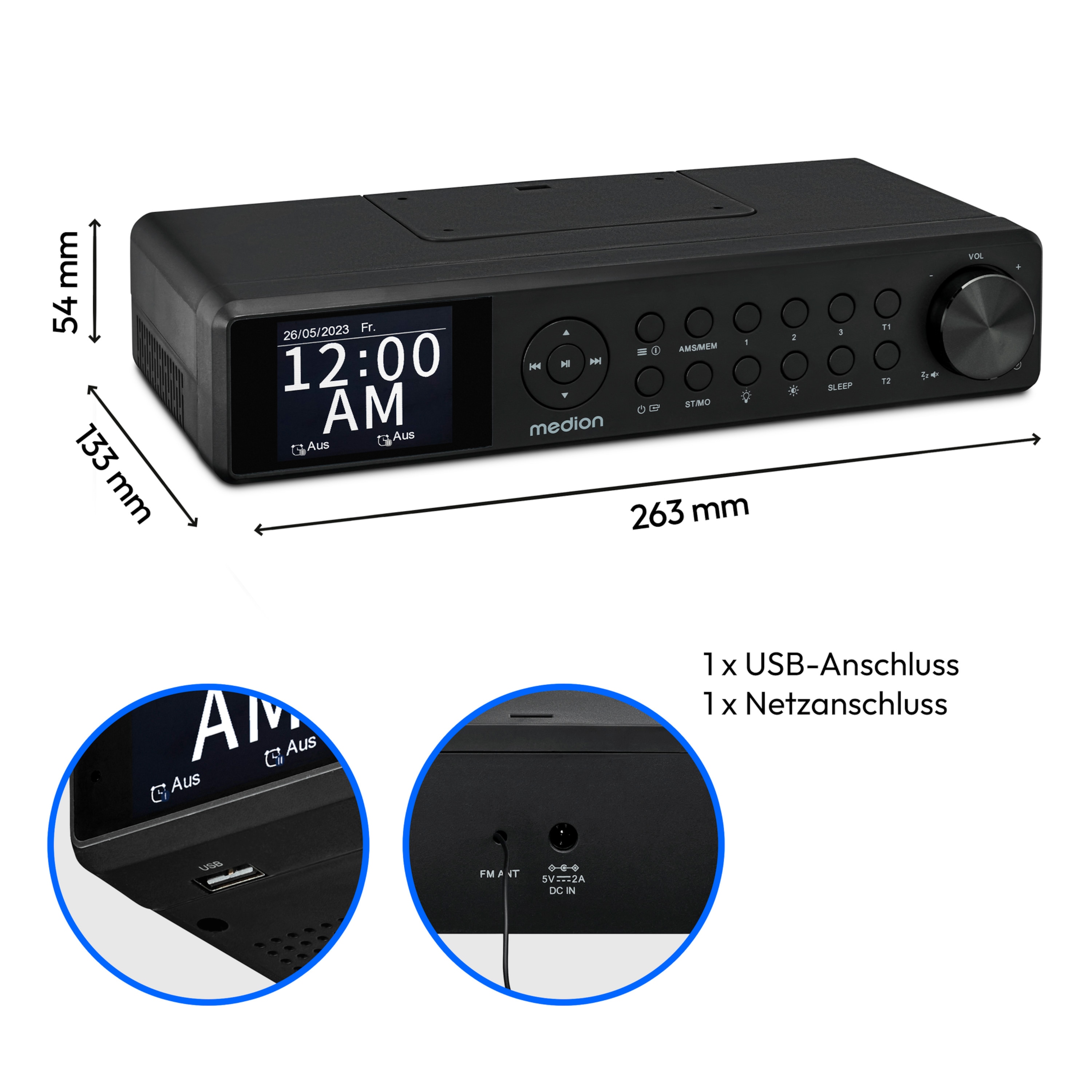 MEDION® LIFE® P66750 DAB+ Premium Küchenradio, 6,1 cm (2,4'') TFT-Farbdisplay, DAB+/PLL-UKW Radio, Bluetooth® 5.0, LED-Beleuchtung, 2 x 3 W RMS