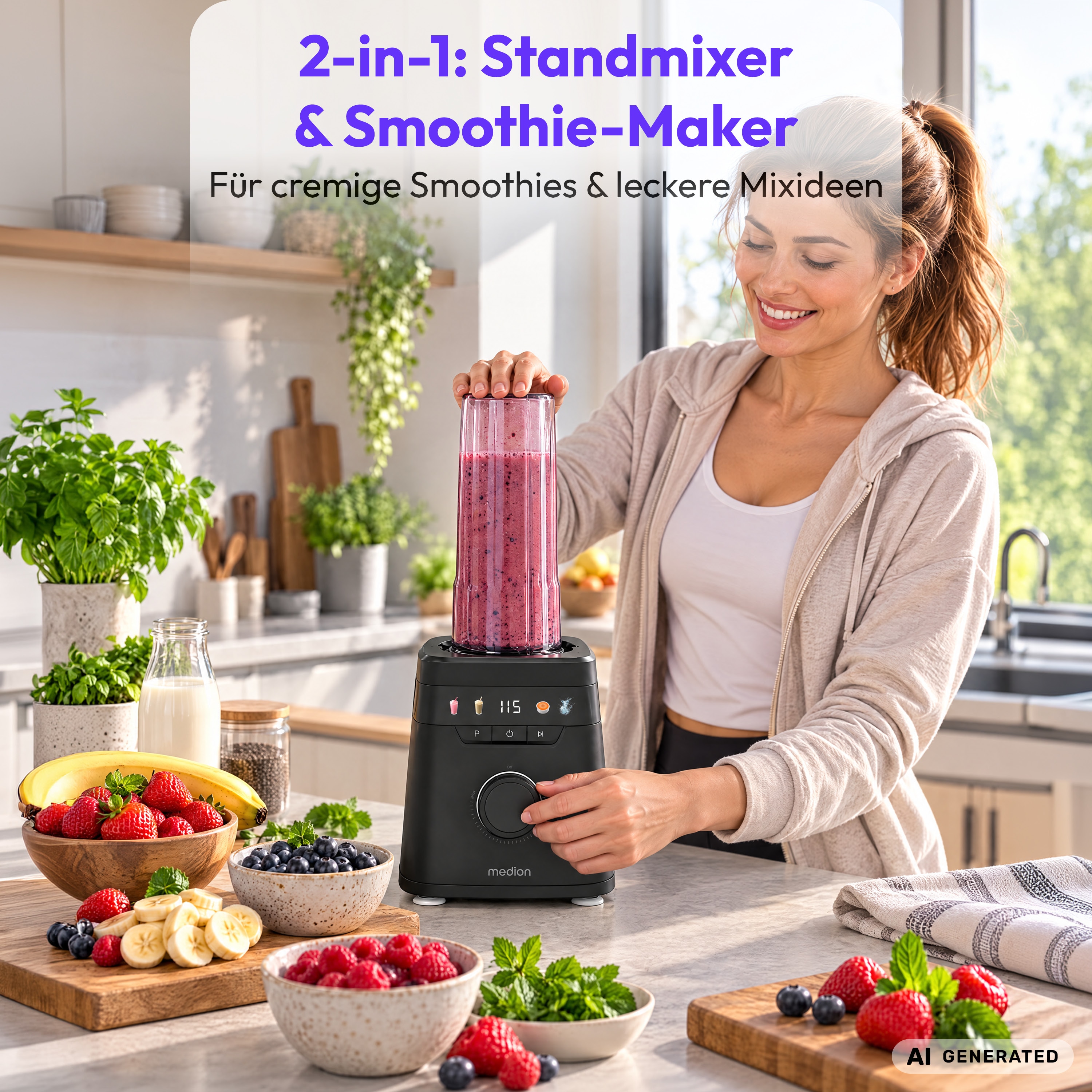 MEDION® LIFE® Standmixer MD 100105, 900 Watt (neue GS Norm), 1,75 Liter Glasbehälter, 4 Automatikprogramme, LED-Display, stufenlose Geschwindigkeitsregelung, To-go-Flasche