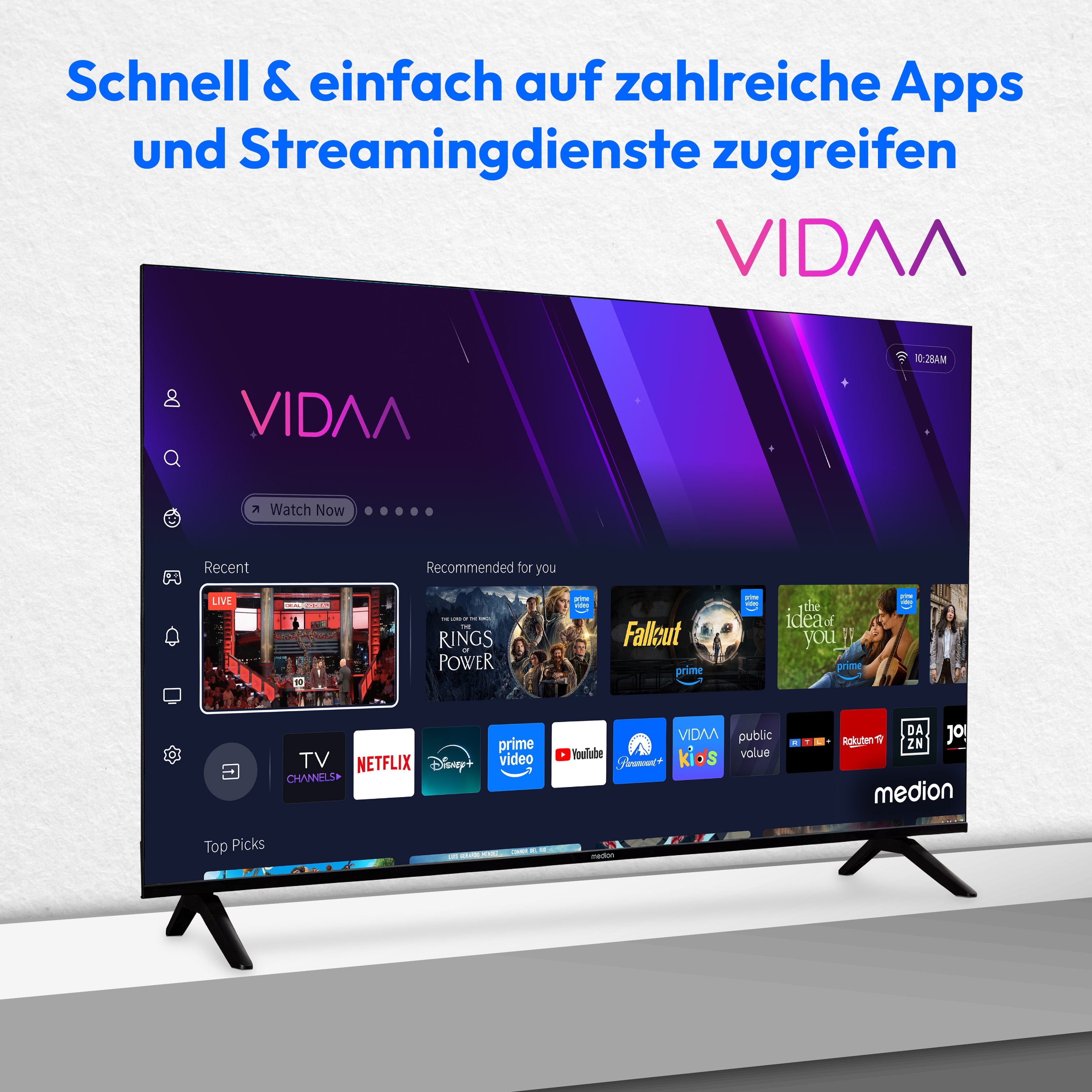 MEDION® LIFE MD 843301 Smart-TV, 108 cm (43'') Ultra HD Display, HDR (High Dynamic Range), Dolby Vision®, MEMC, Bluetooth®, PVR ready, NETFLIX, Prime Video, Disney+, DAZN, Paramount+ App, VIDAA App Store, Dolby Atmos®, HD Triple Tuner