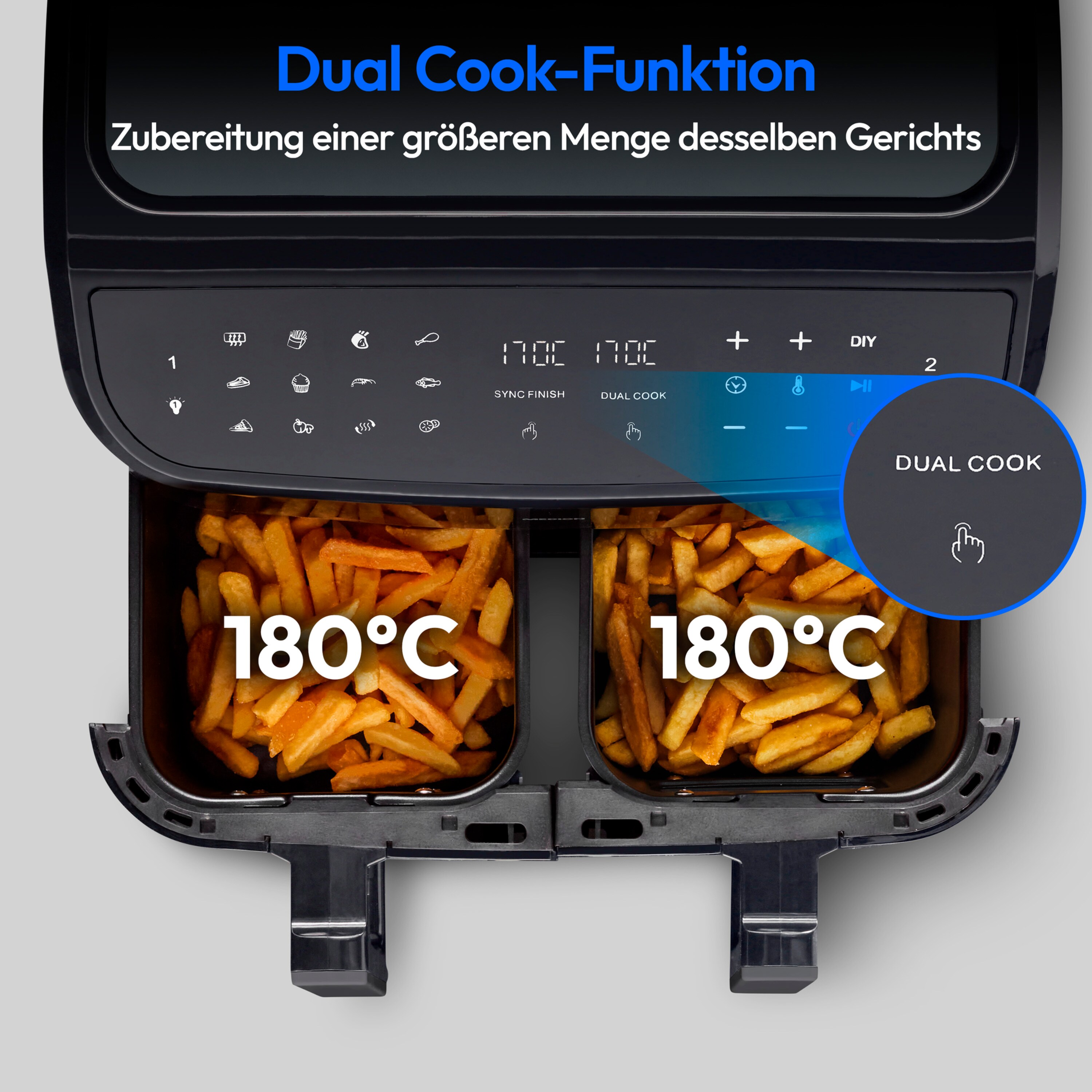 MEDION® LIFE® P20 XXL Twin Doppelzonen-Heißluftfritteuse MD 11760, 100 Rezepte in der Life+ App, 2 separate Garzonen, 9 Automatikprogramme, 8,7 L Gesamt-Nutzinhalt, 2.600 Watt, Temperatur einstellbar bis 200 °C