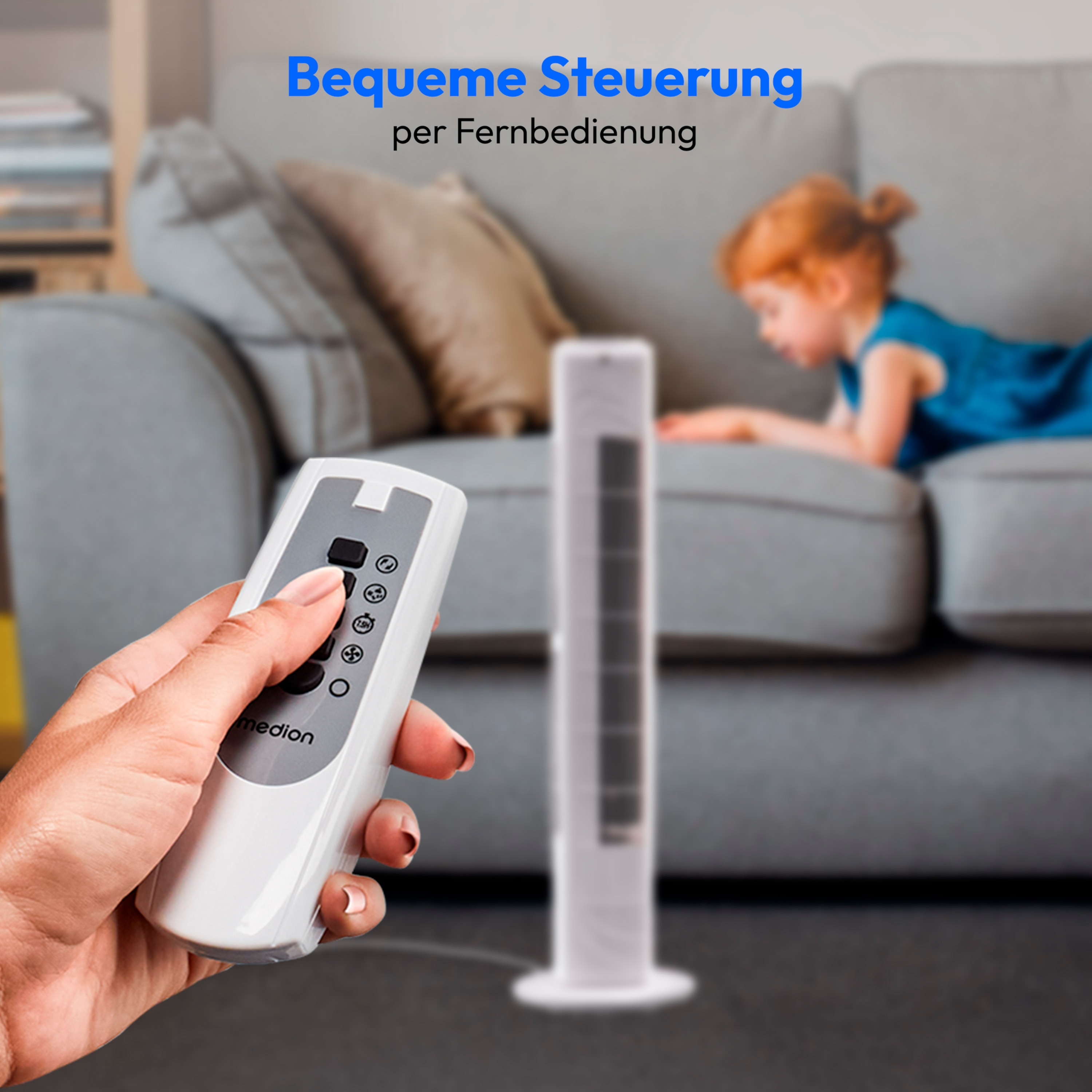 MEDION® LIFE E10 TF Turmventilator (MD 10319), 3 Geschwindigkeitsstufen, 45 Watt Leistung, zuschaltbare Schwenkfunktion, inkl. Fernbedienung
