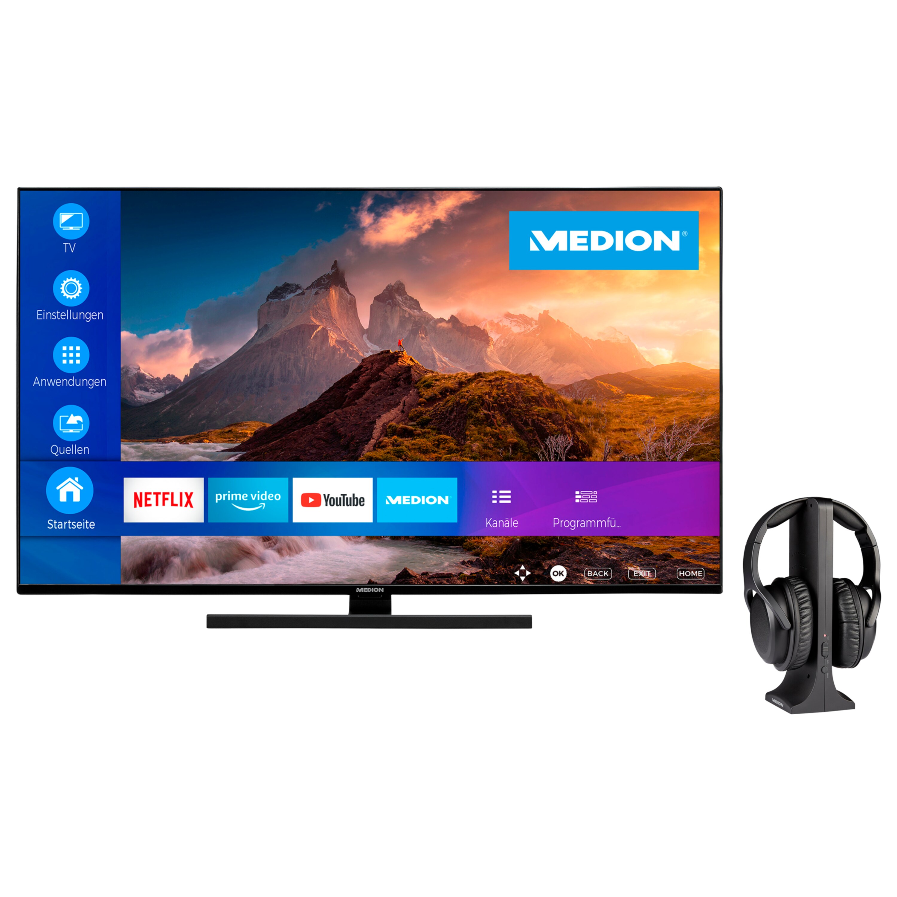 LIFE® X14328 QLED Smart-TV | 108 cm (43'') Ultra HD Display & MEDION® LIFE® E62003 (MD43058) Draadloze hoofdtelefoon