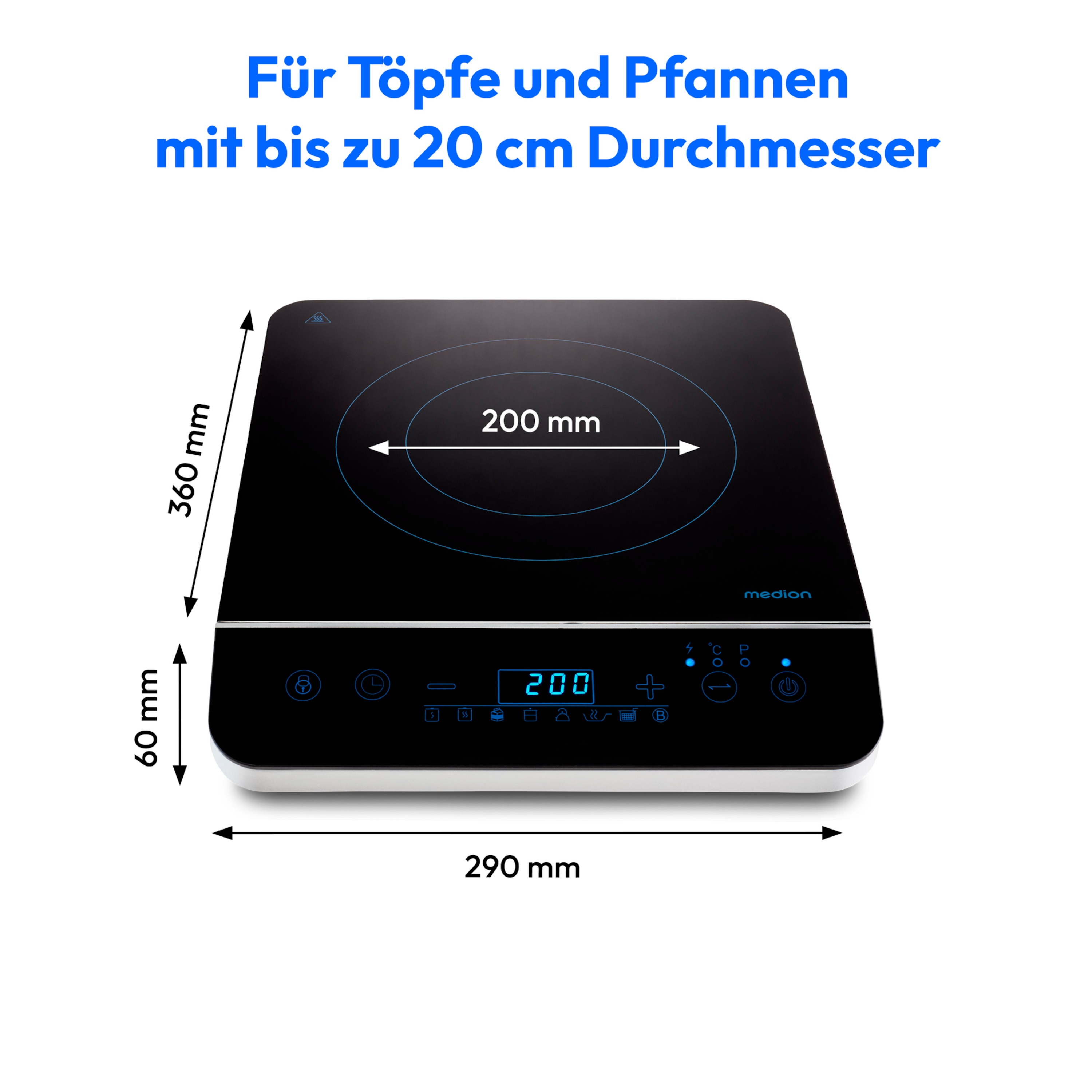 MEDION® LIFE Induktionskochplatte MD 17595, 2000 Watt Induktionsleistung, 8 Automatikprogramme, automatische Topferkennung