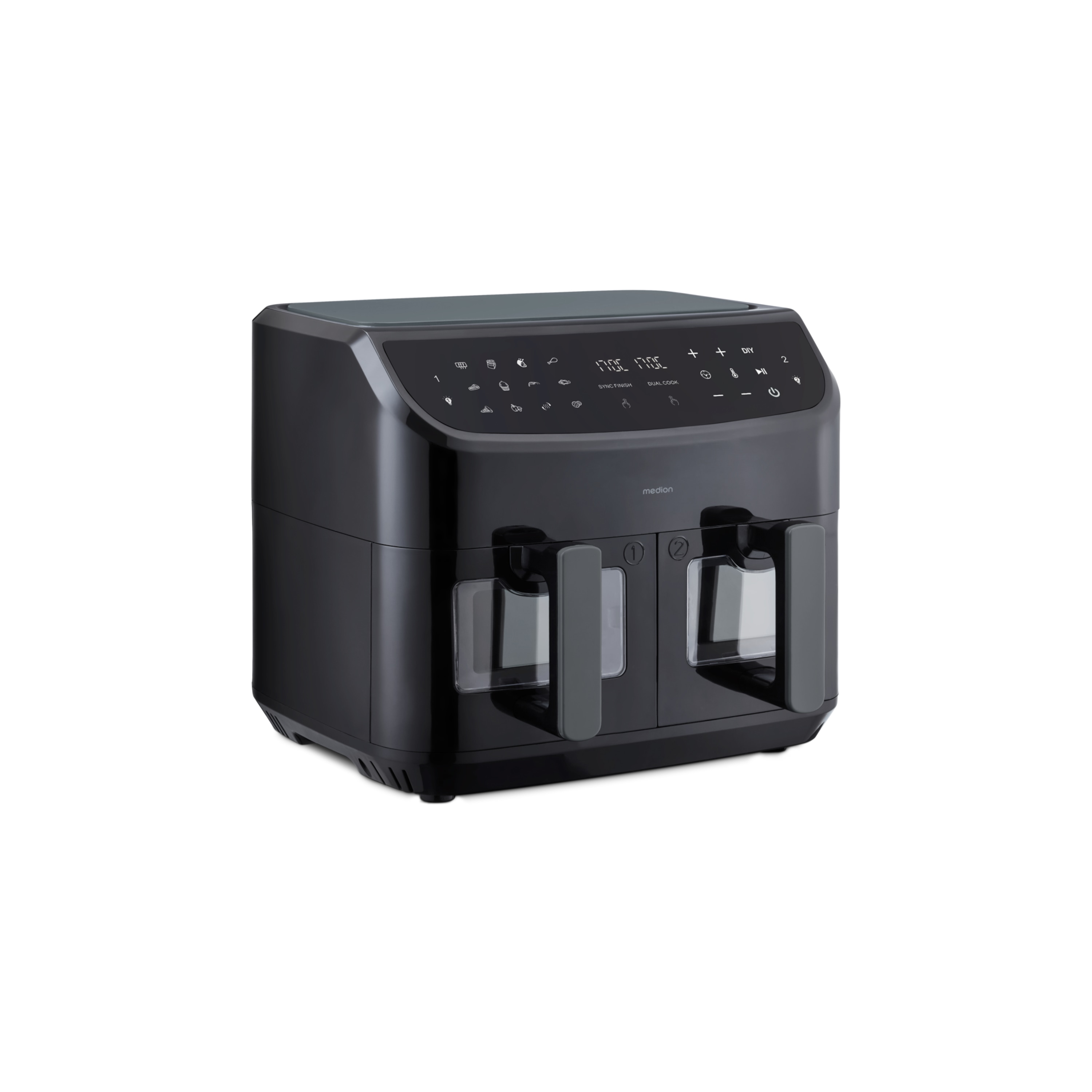 MEDION® LIFE® P20 XXL Twin Doppelzonen-Heißluftfritteuse MD 11760, 100 Rezepte in der Life+ App, 2 separate Garzonen, 9 Automatikprogramme, 8,7 L Gesamt-Nutzinhalt, 2.600 Watt, Temperatur einstellbar bis 200 °C