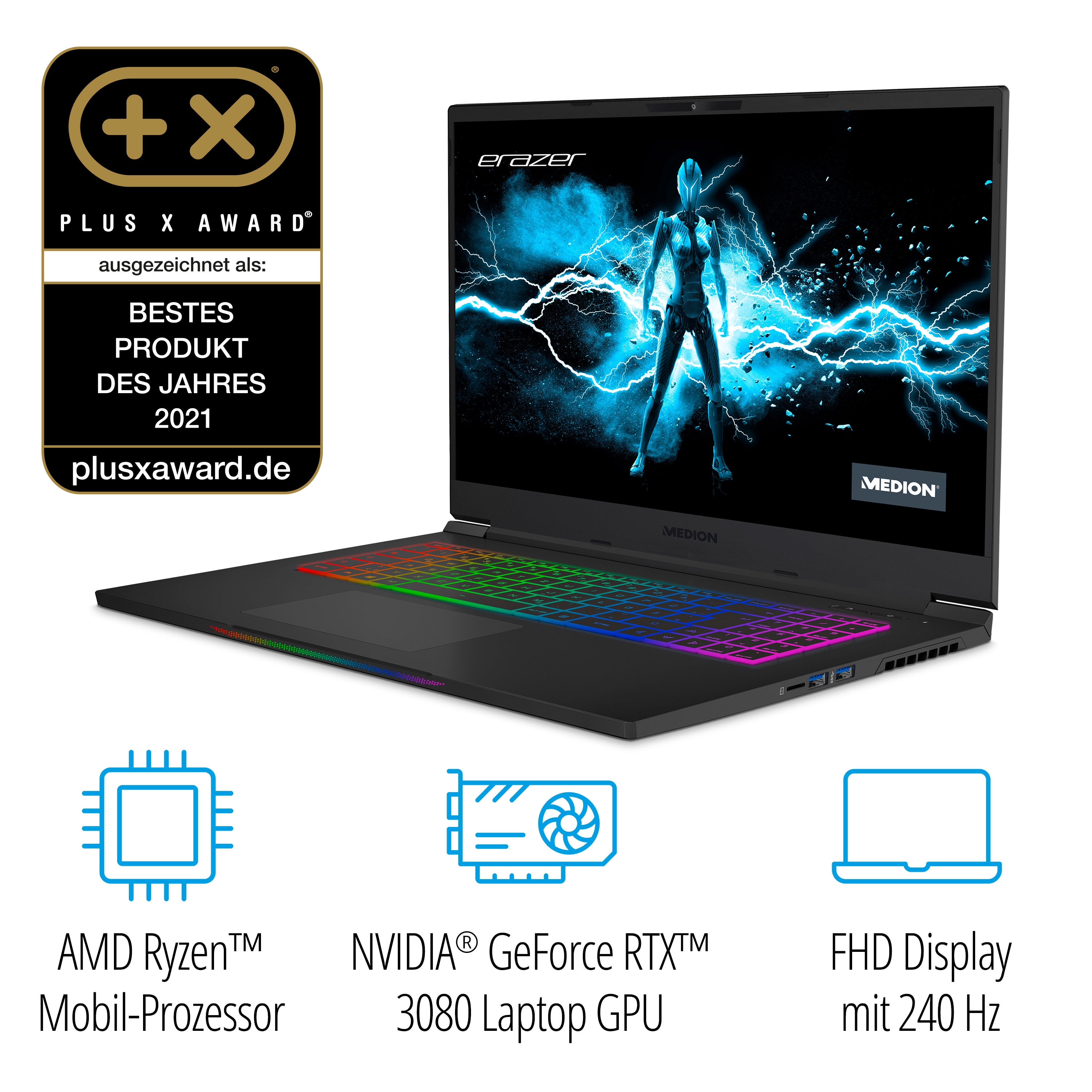 MEDION® ERAZER® Beast X25, AMD Ryzen™ 7 5800H, Windows 10 Home, 43,9 cm (17,3") FHD Display mit 240 Hz, NVIDIA® GeForce RTX™ 3080, 1 TB PCIe SSD, 32 GB RAM, High-End Gaming Notebook