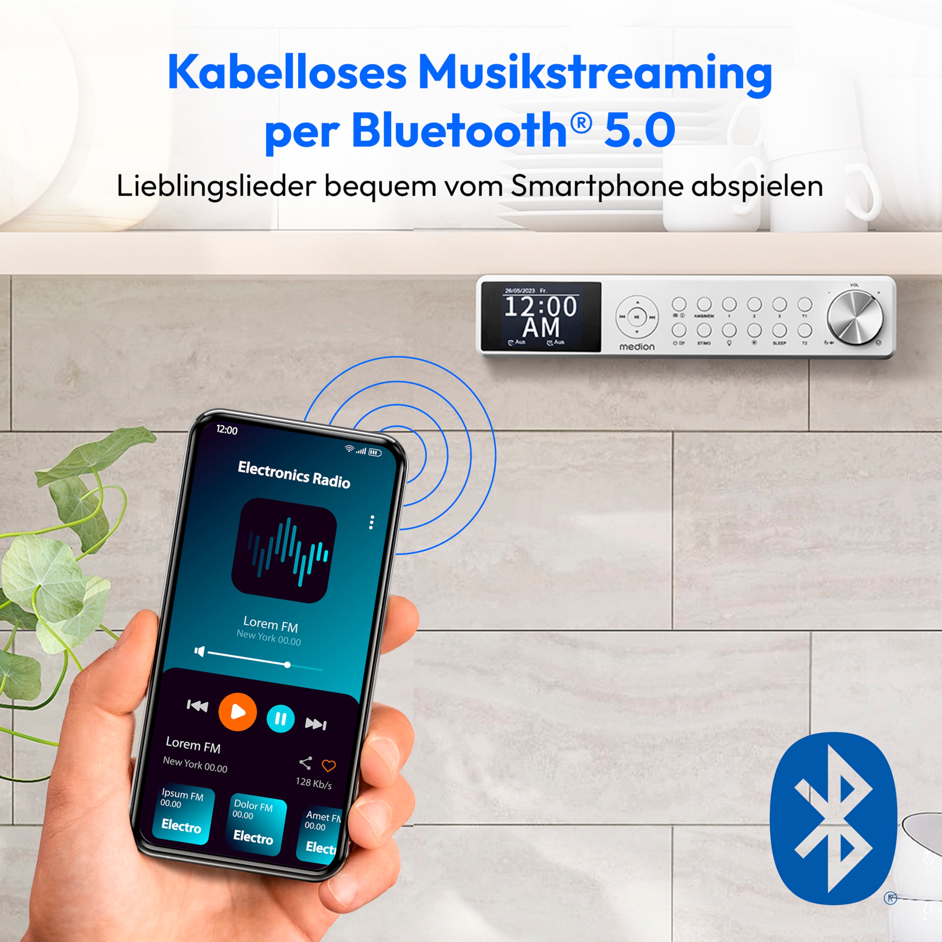 MEDION® LIFE® P66750 DAB+ Premium Küchenradio, 6,1 cm (2,4'') TFT-Farbdisplay, DAB+/PLL-UKW Radio, Bluetooth® 5.0, LED-Beleuchtung, 2 x 3 W RMS
