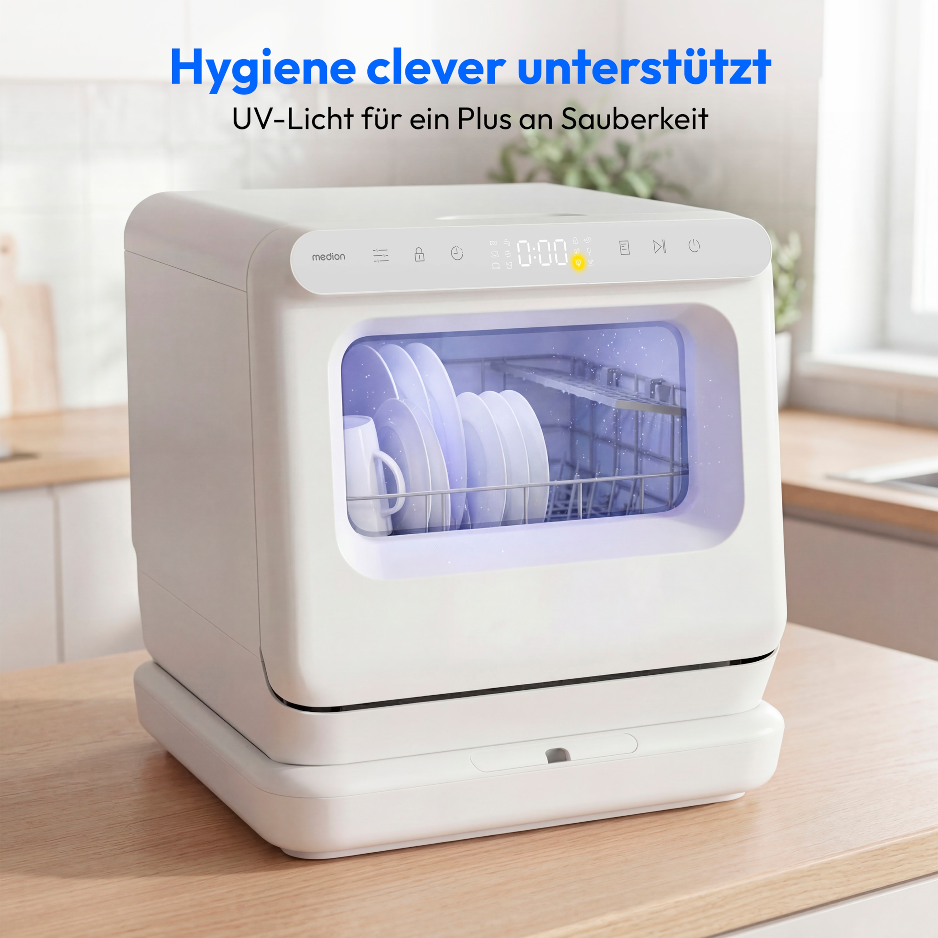 MEDION® LIFE Mini-Geschirrspüler DWT30 (MD370022), 3 Maßgedecke, 3-in-1 Betrieb mit Wassertank, 6 Programme, UV-Licht, Lüfter-Trocknung, LED-Touch-Display