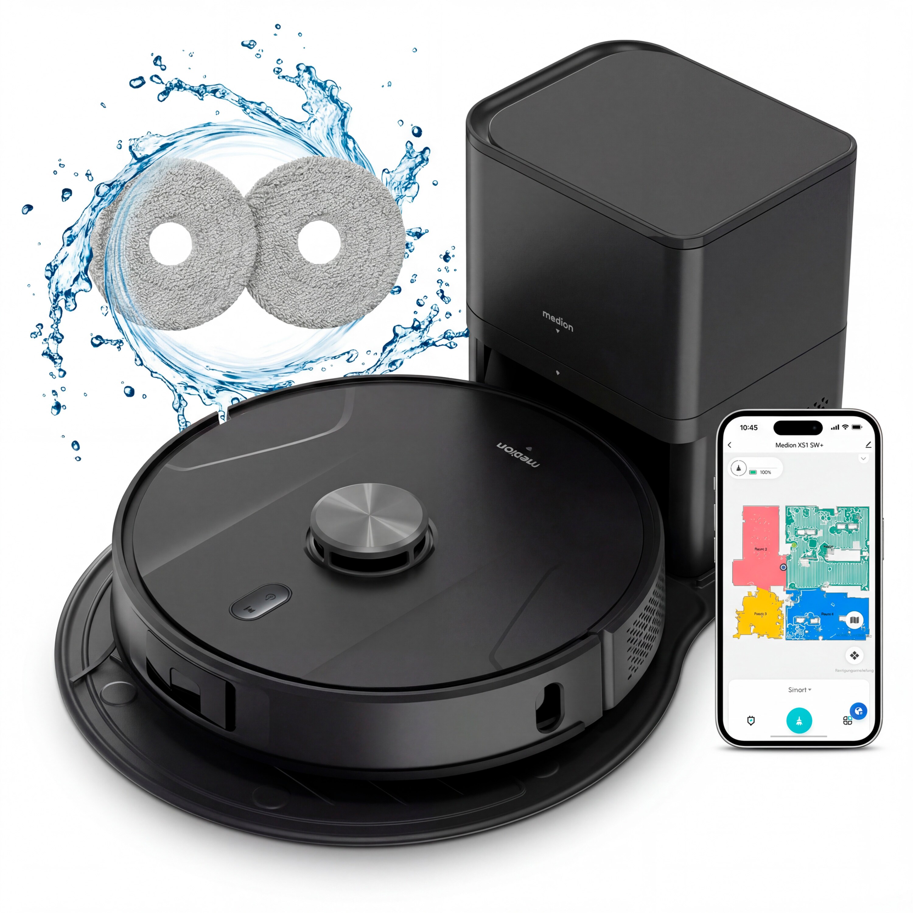 MEDION® Saugroboter mit 2-in-1 Absaugstation X51 SW+, Wischfunktion, rotierende Wischmopps, Lasernavigation, Hinderniserkennung durch Kreuzlinienlaser, starke 10.000 Pa Saugkraft, präzise Kartenerstellung