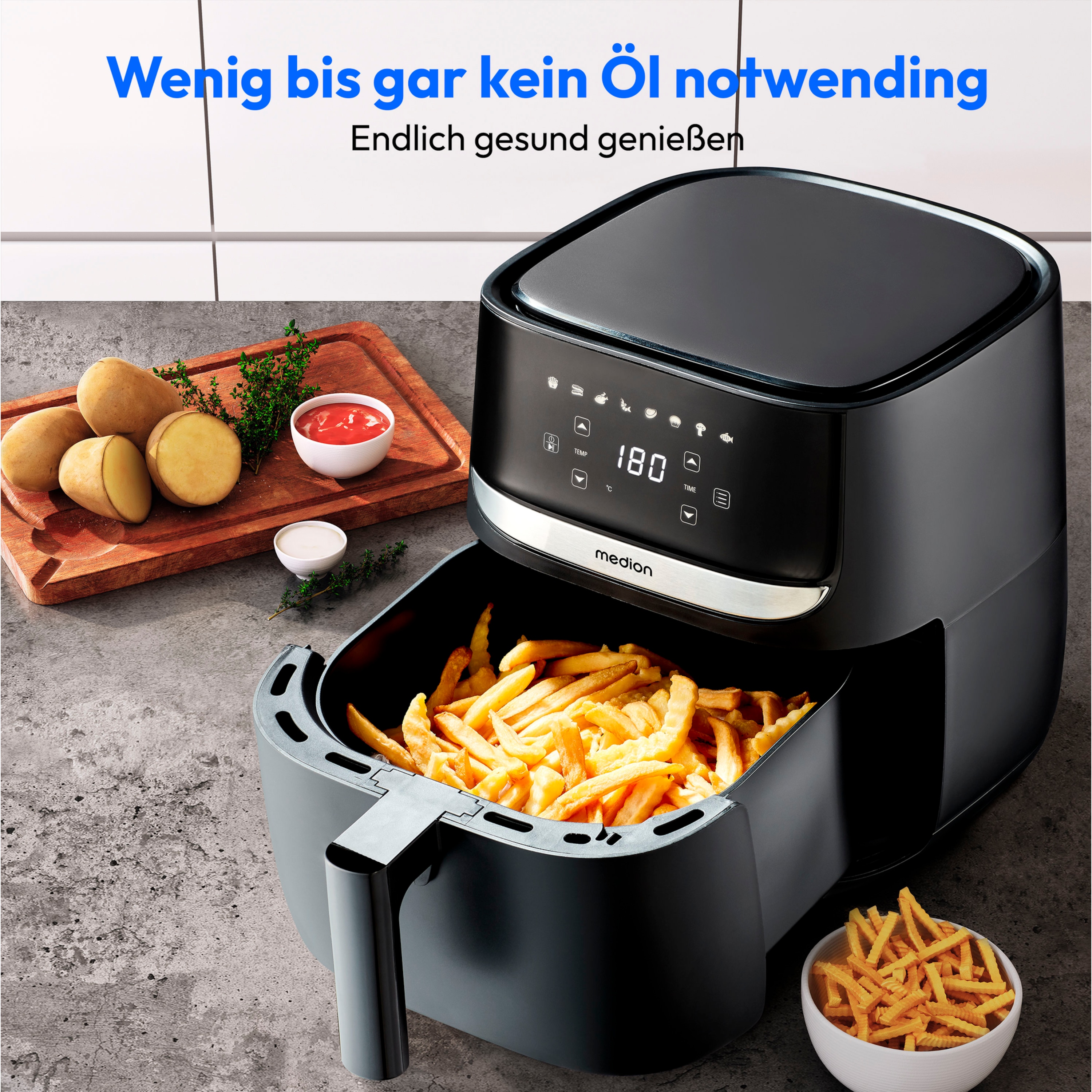 MEDION® LIFE E50 XL Heißluftfritteuse MD 10532, ölfreies Frittieren, digitales Bedienfeld, Automatikprogramme, 5,7 L Korbvolumen