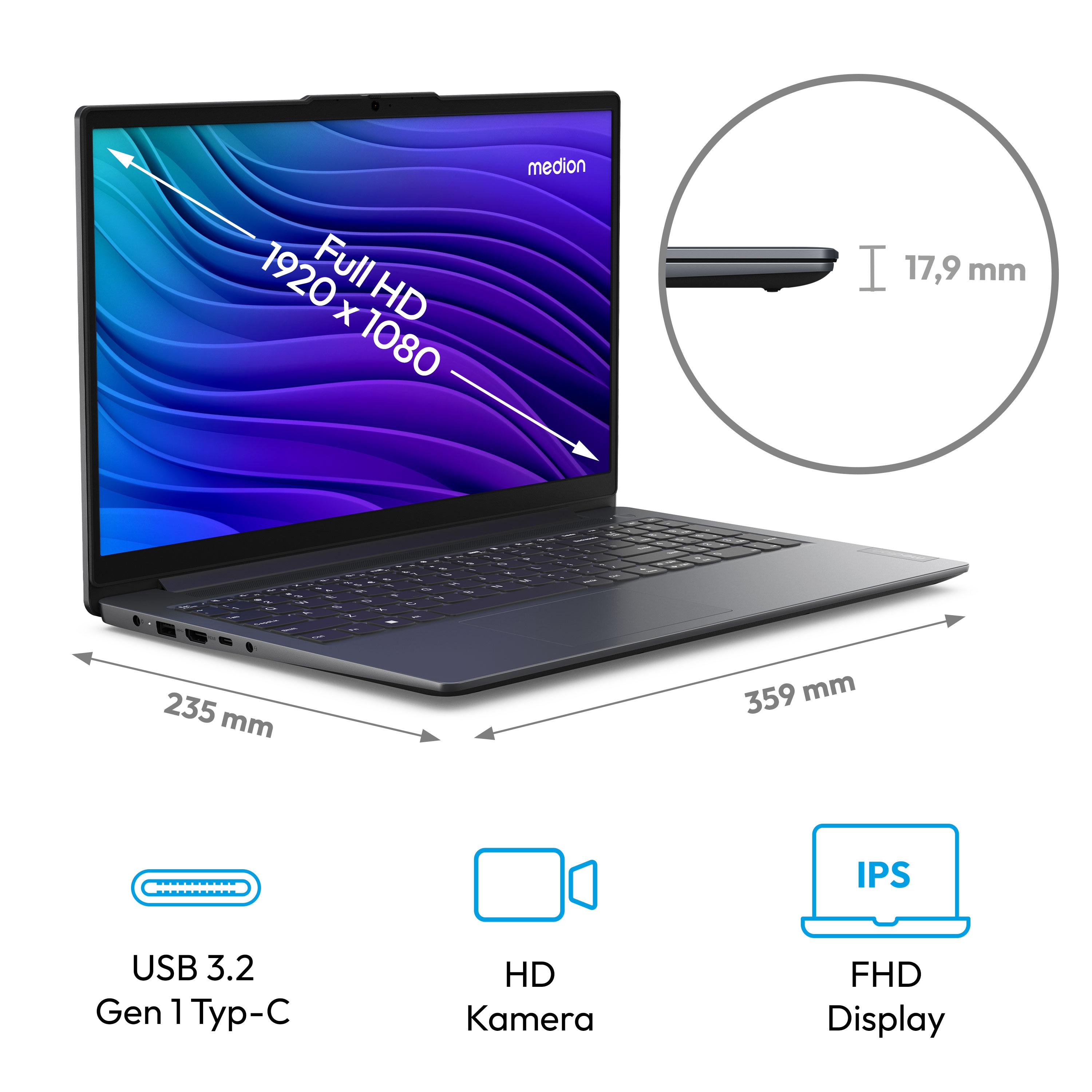MEDION® MEDION E15235 Laptop, Intel® Core™ i3-N305, Windows 11 Home, 39,6 cm (15,6'') FHD Display, 512 GB SSD, 8 GB RAM