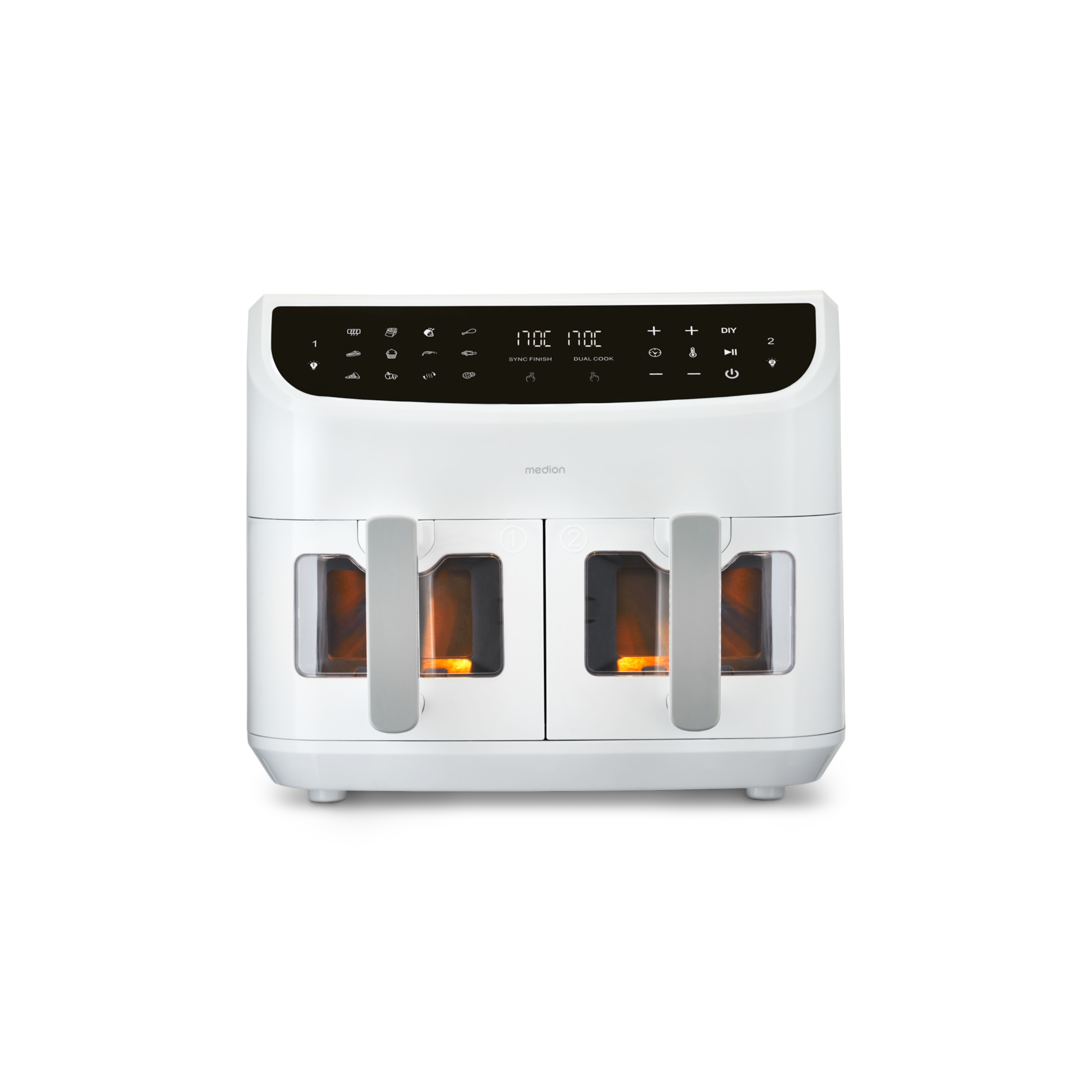 MEDION® LIFE® P20 XXL Twin Doppelzonen-Heißluftfritteuse MD 11760, 100 Rezepte in der Life+ App, 2 separate Garzonen, 9 Automatikprogramme, 8,7 L Gesamt-Nutzinhalt, 2.600 Watt, Temperatur einstellbar bis 200 °C
