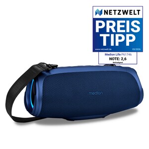 MEDION® LIFE P61746 Tragbarer Bluetooth® Lautsprecher M blau, Dual Illuminated (RGB-Lichteffekte), Bluetooth® 5.3, integrierter Akku mit bis zu 45 Stunden Laufzeit, robustes & mobiles Design, 2 x 15 W RMS