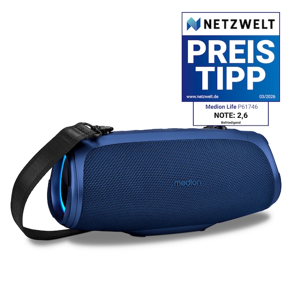 MEDION® LIFE P61746 Tragbarer Bluetooth® Lautsprecher M blau, Dual Illuminated (RGB-Lichteffekte), Bluetooth® 5.3, integrierter Akku mit bis zu 45 Stunden Laufzeit, robustes & mobiles Design, 2 x 15 W RMS