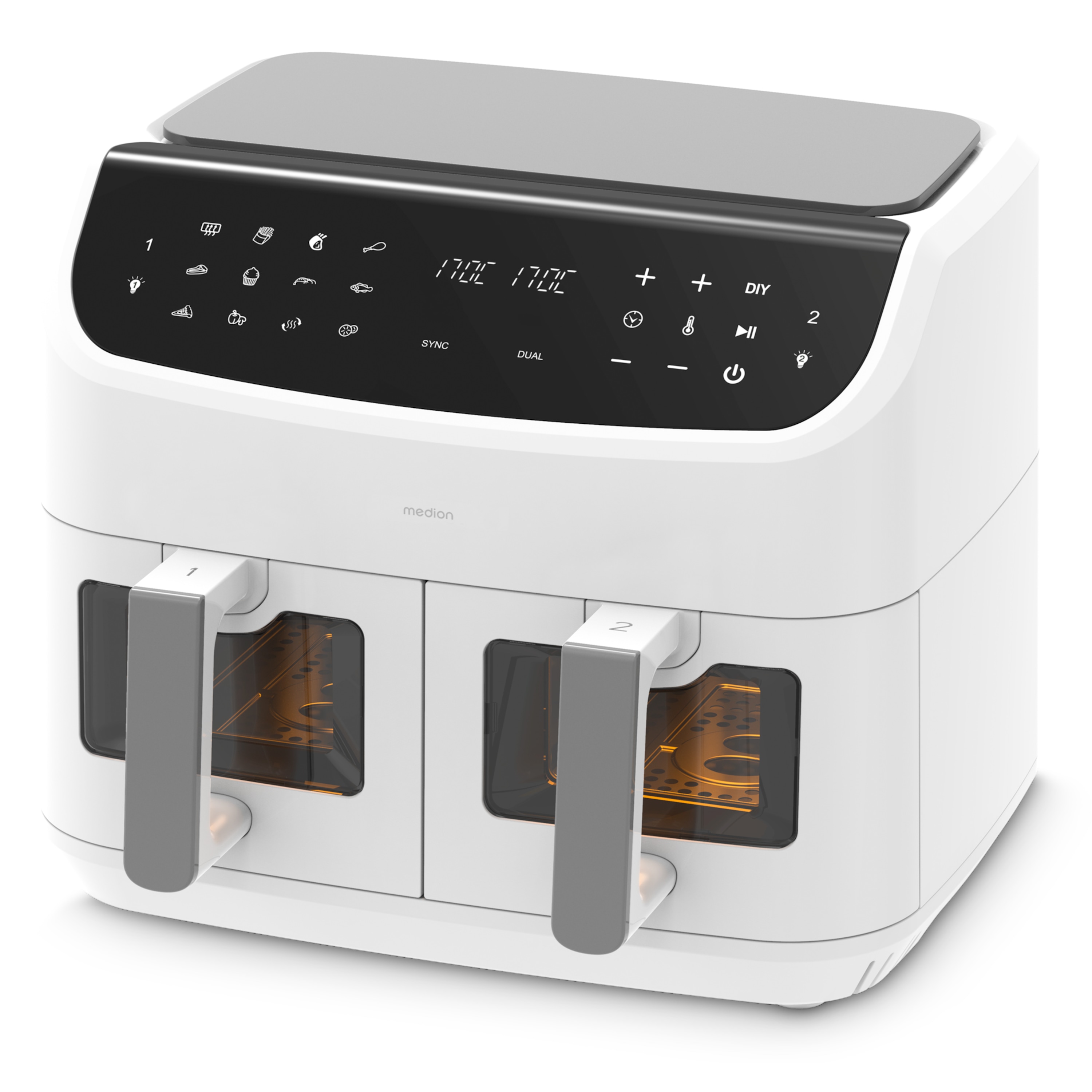 MEDION® LIFE® P20 XXL Twin Matt Doppelzonen-Heißluftfritteuse MD11760, 100 Rezepte in der Life+ App, 2 separate Garzonen, 9 Automatikprogramme, 8,7 L Gesamt-Nutzinhalt, 2.600 Watt, Temperatur einstellbar bis 200 °C