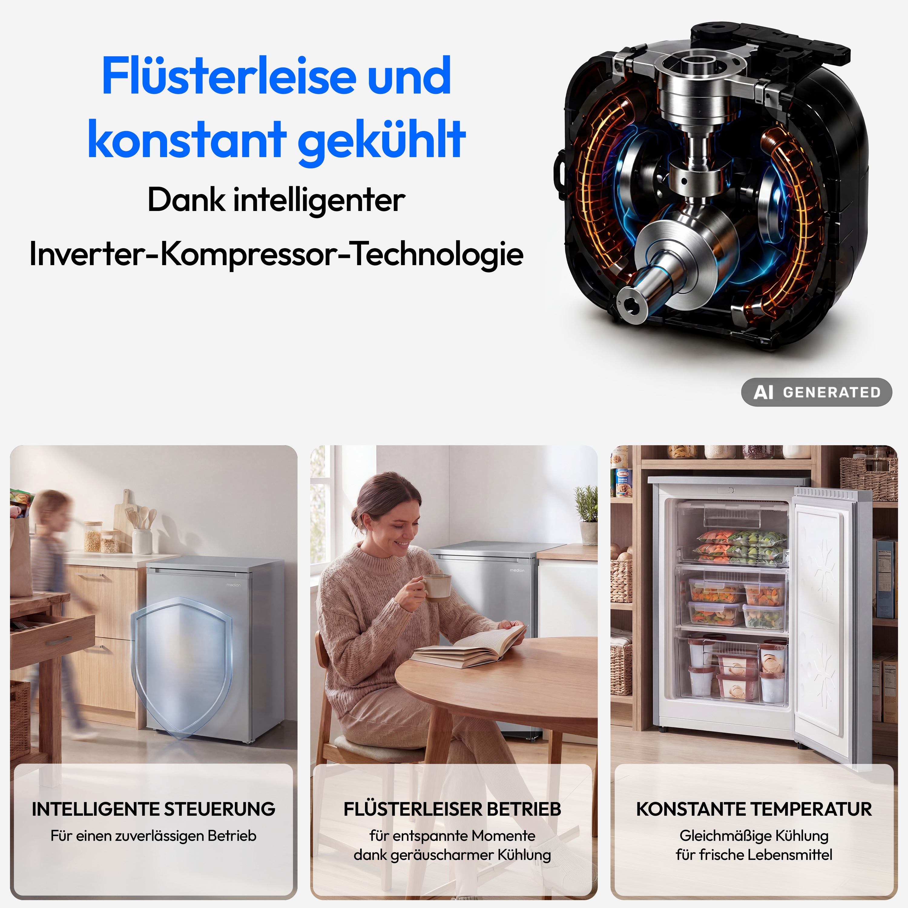 MEDION® LIFE Gefrierschrank MD370018 Silber, 85 L Nutzinhalt, 3 Türfächer, manuelle Abtauung, Temperaturbereich 0–5 °C, Energieklasse C, leiser Kompressorbetrieb (39 dB), wechselbarer Türanschlag