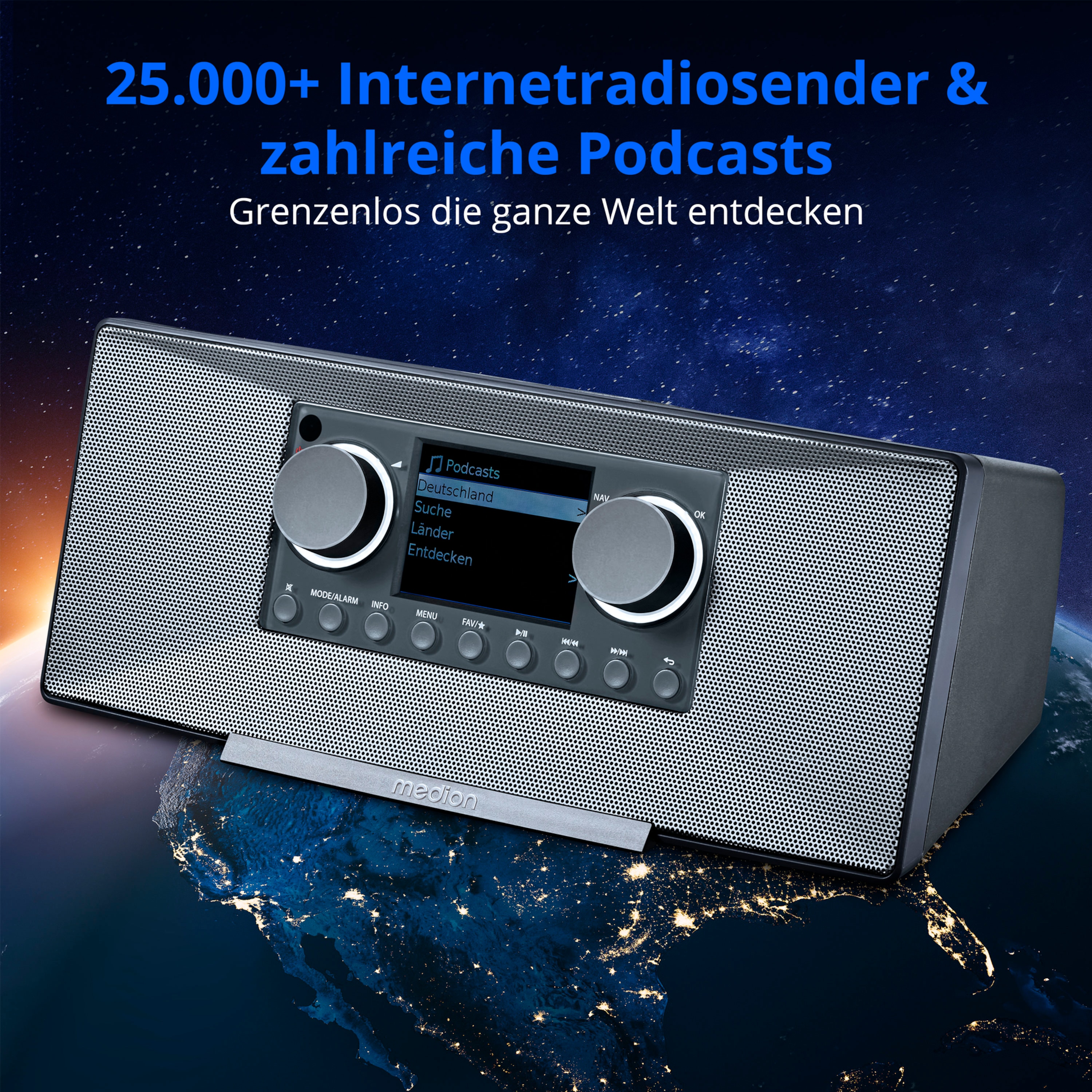 MEDION® LIFE® P85333 Stereo Internetradio, 7,1 cm (2,8'') TFT-Farbdisplay, über 25.000 Internet-Radiosender & viele Podcasts empfangen, DAB+/UKW Radio, Wecker, WLAN, Bluetooth®, Amazon Music, Spotify®-Connect, 2 x 6 W RMS