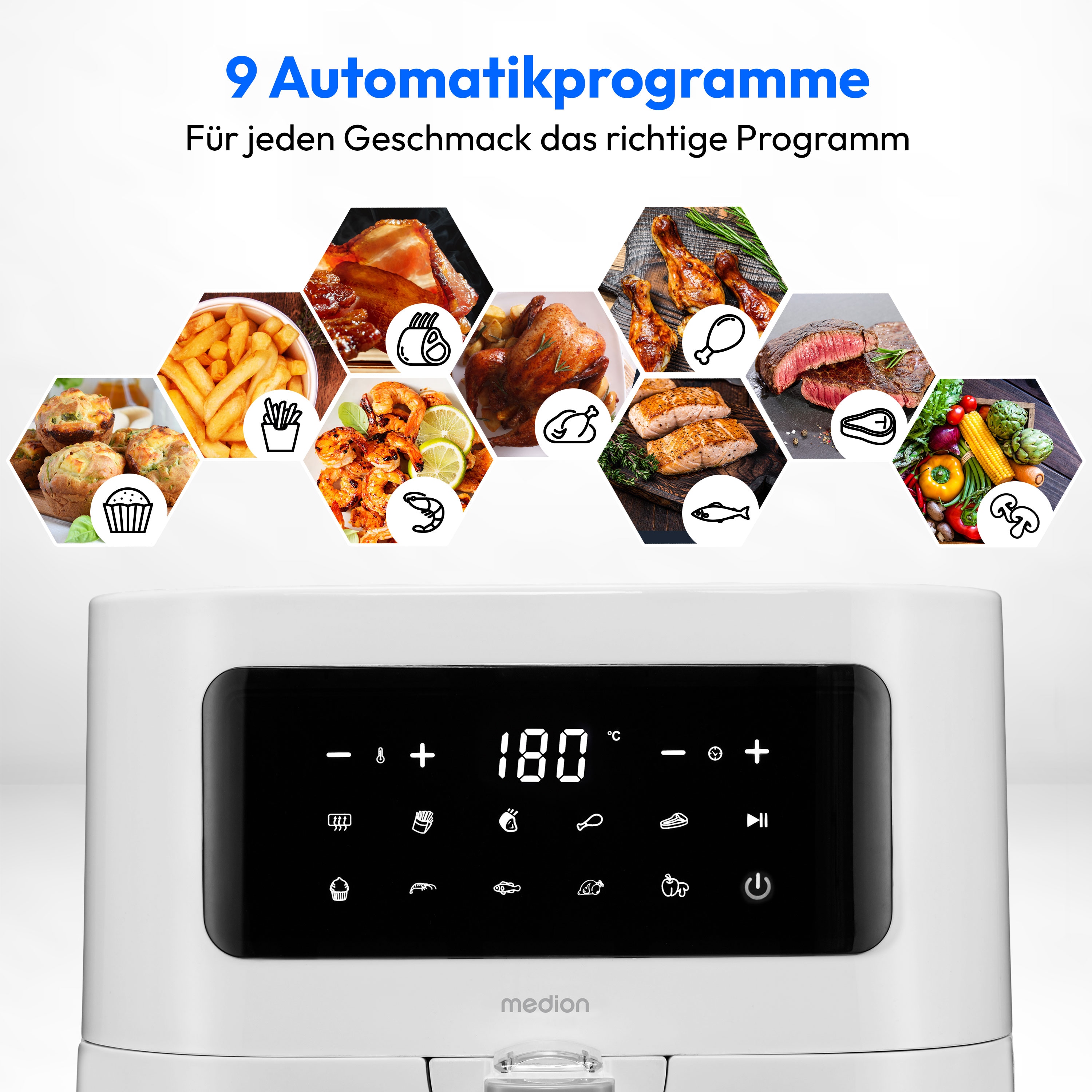 MEDION® LIFE® E40 XL Heißluftfritteuse MD 11740, 100 Rezepte in der Life+ App, ölfreies Frittieren, 9 Automatikprogramme, 5,2 L Korbvolumen