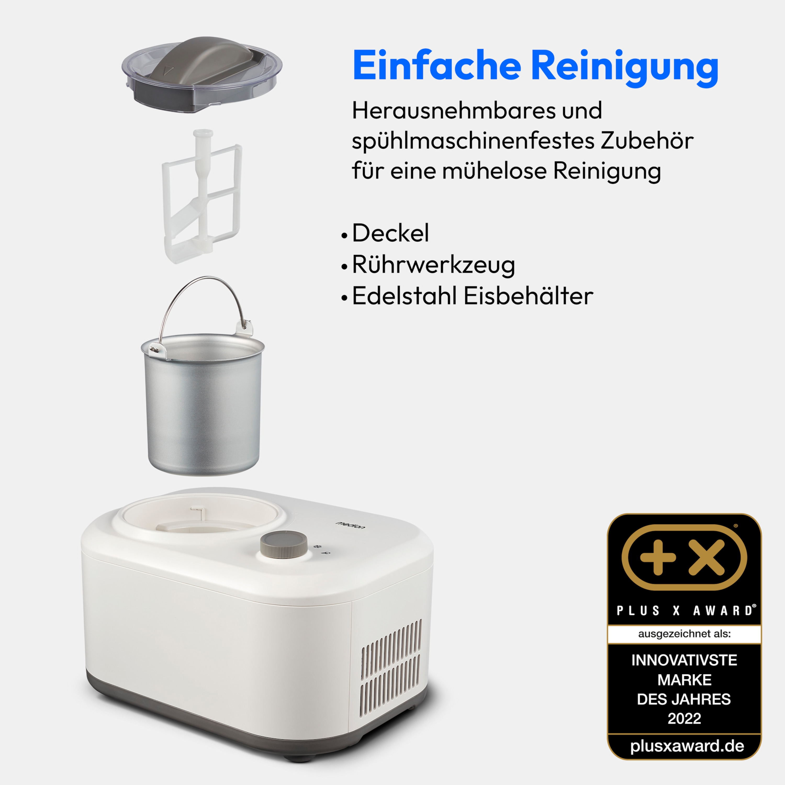 MEDION® LIFE® Eismaschine MD 10169, Kapazität für 1 L Eis, kein Vorkühlen notwendig, entnehmbarer Aluminium-Eisbehälter, geeignet für die Zubereitung von Eiscreme, Frozen Yoghurt & Sorbet