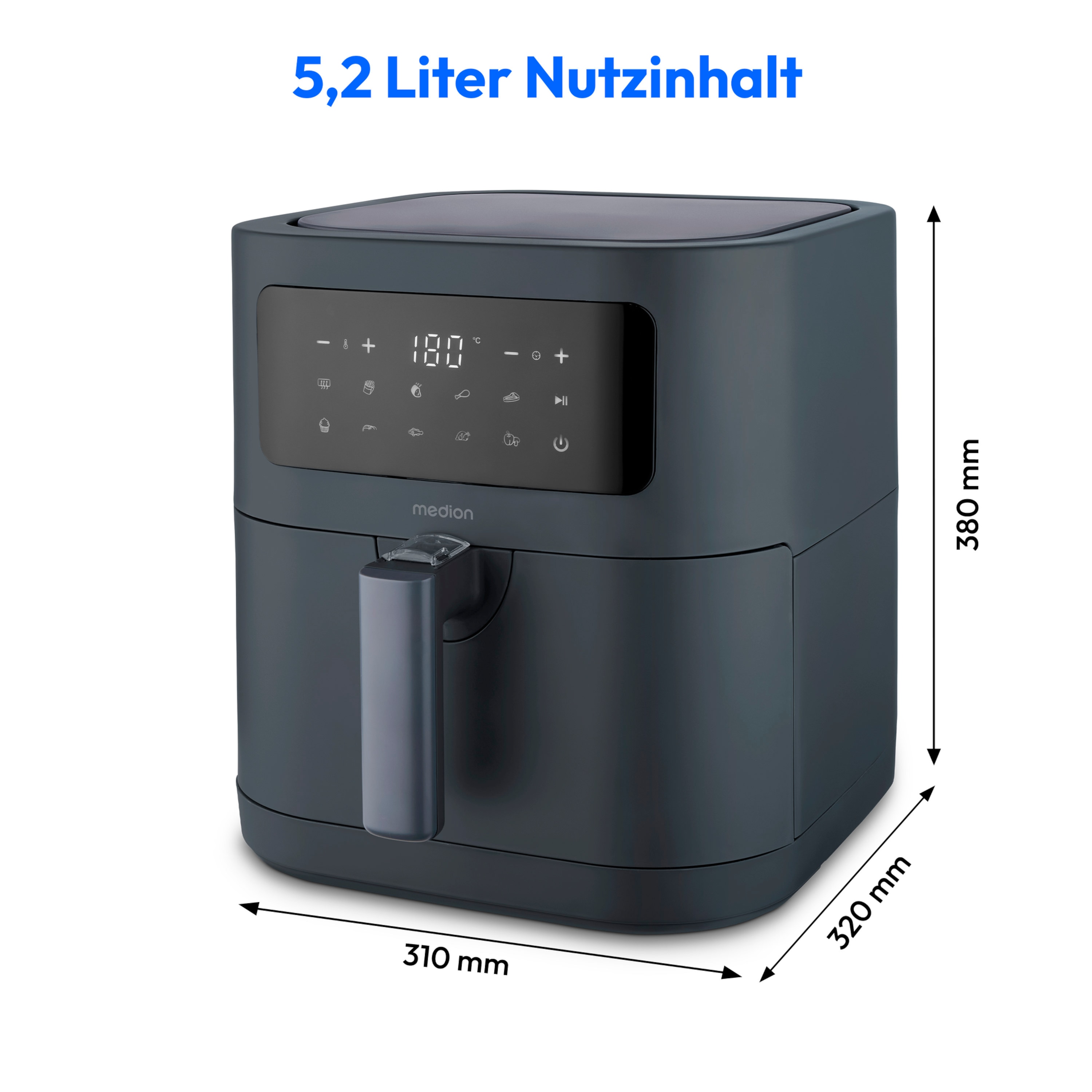 MEDION® LIFE® E40 XL Heißluftfritteuse MD 11740 matt grau, 100 Rezepte in der Life+ App, ölfreies Frittieren, 9 Automatikprogramme, 5,2 L Korbvolumen