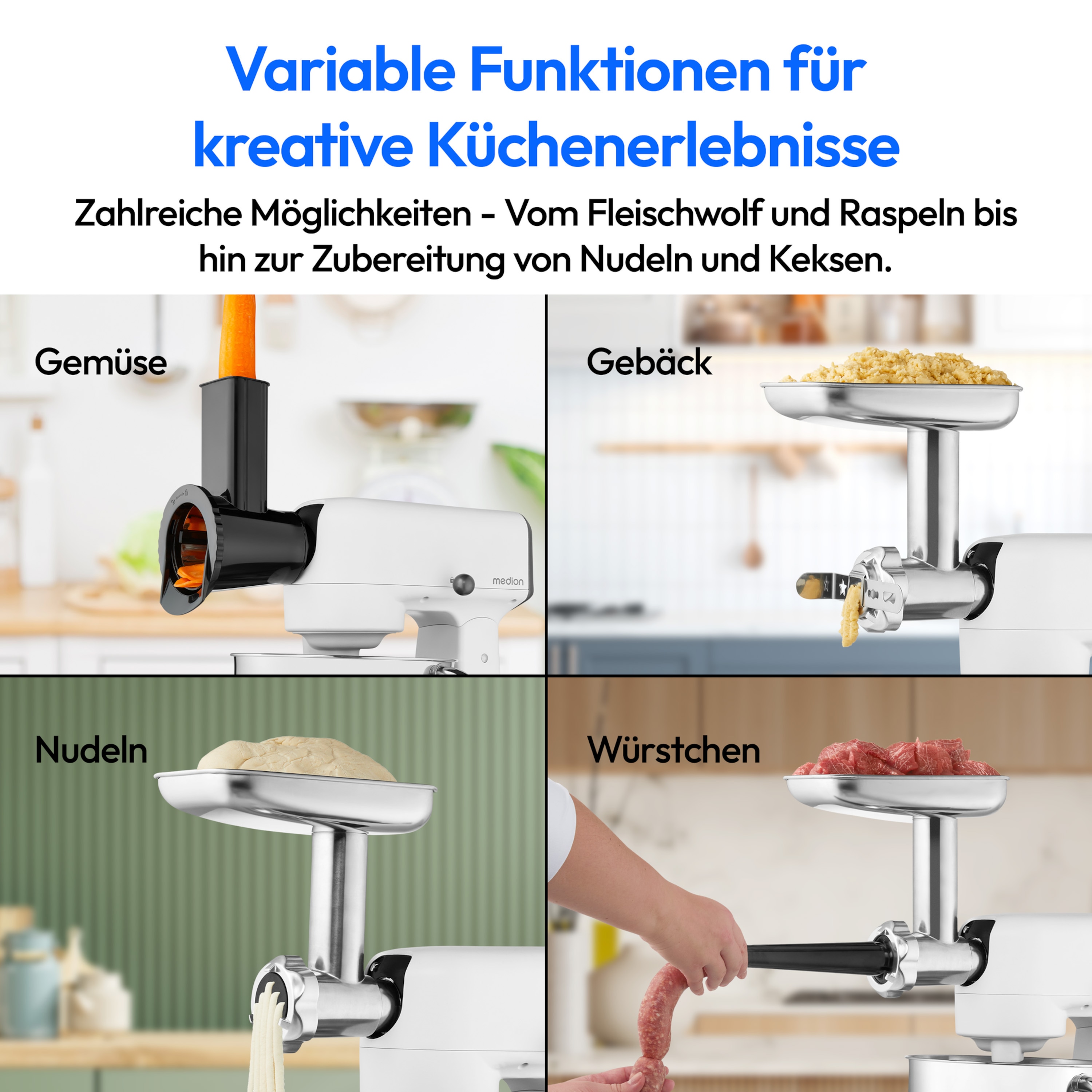 MEDION® LIFE Digitale Küchenmaschine MD12600, 800 W Gleichstrommotor, Energiesparend, Ultraleise, Digitales Sensor-Touch-Display, 4,6 L Edelstahlschüssel, Inkl. Fleischwolf