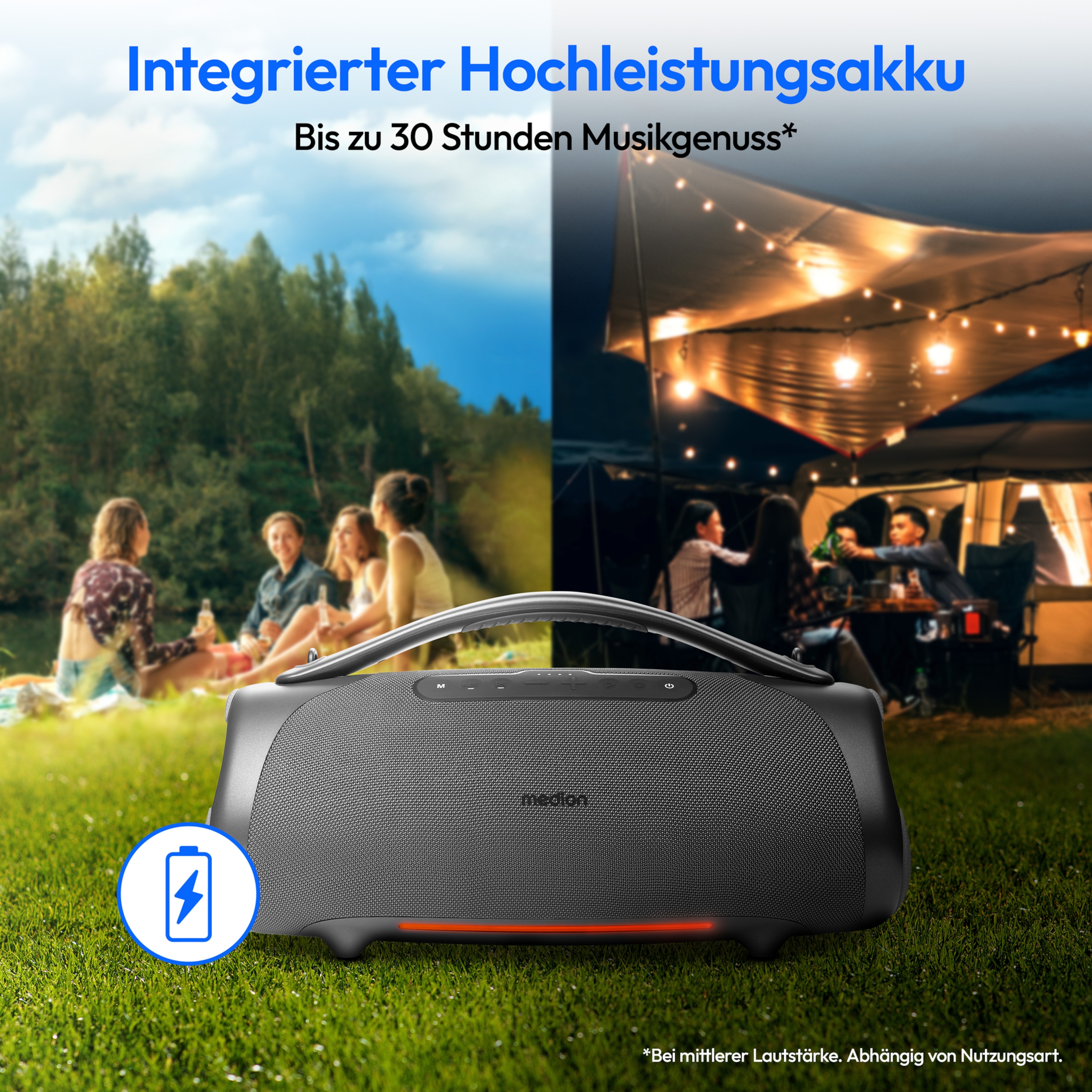 MEDION® LIFE® P61768 Tragbarer Bluetooth® Lautsprecher XL, Dual Illuminated & Lightstrip (RGB-Lichteffekte), Bluetooth® 5.3, integrierter Akku mit bis zu 30 Stunden Laufzeit, robustes & mobiles Design, 2 x 25 W + 50 W RMS