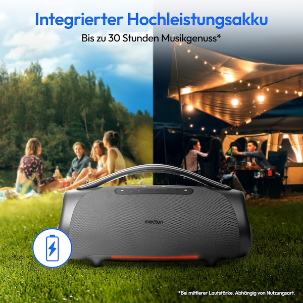 MEDION® LIFE P61768 Tragbarer Bluetooth® Lautsprecher XL anthrazit, Dual Illuminated & Lightstrip (RGB-Lichteffekte), Bluetooth® 5.3, integrierter Akku mit bis zu 30 Stunden Laufzeit, robustes & mobiles Design, 2 x 25 W + 50 W RMS