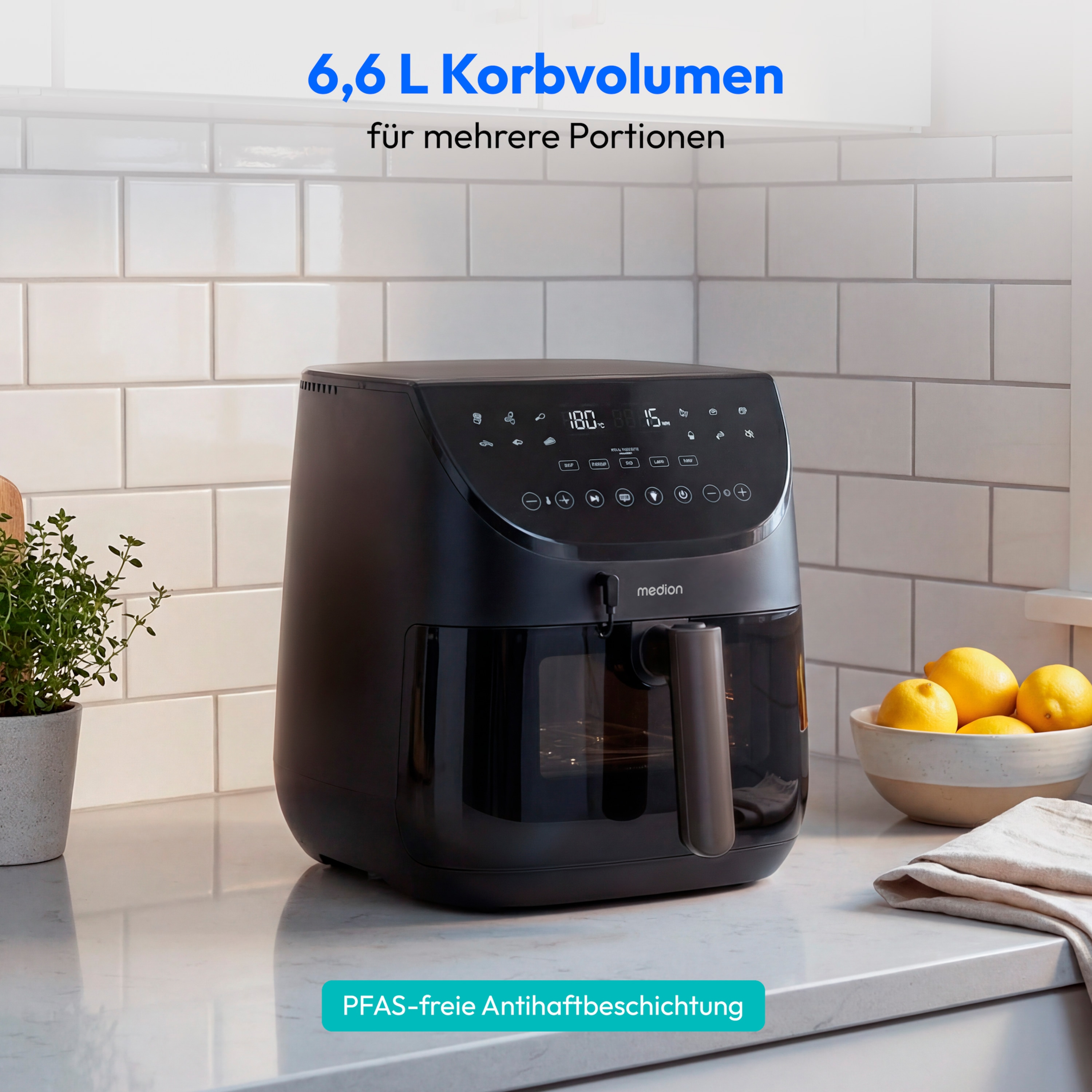 MEDION® LIFE Heißluftfritteuse X20 XL (MD13060), Temperaturfühler, MEDION Life+ App, Touch-Sensor- Bedienfeld, 6,6 L Fassungsvermögen, 10 Automatikprogramme, 5 Fleischprogramme