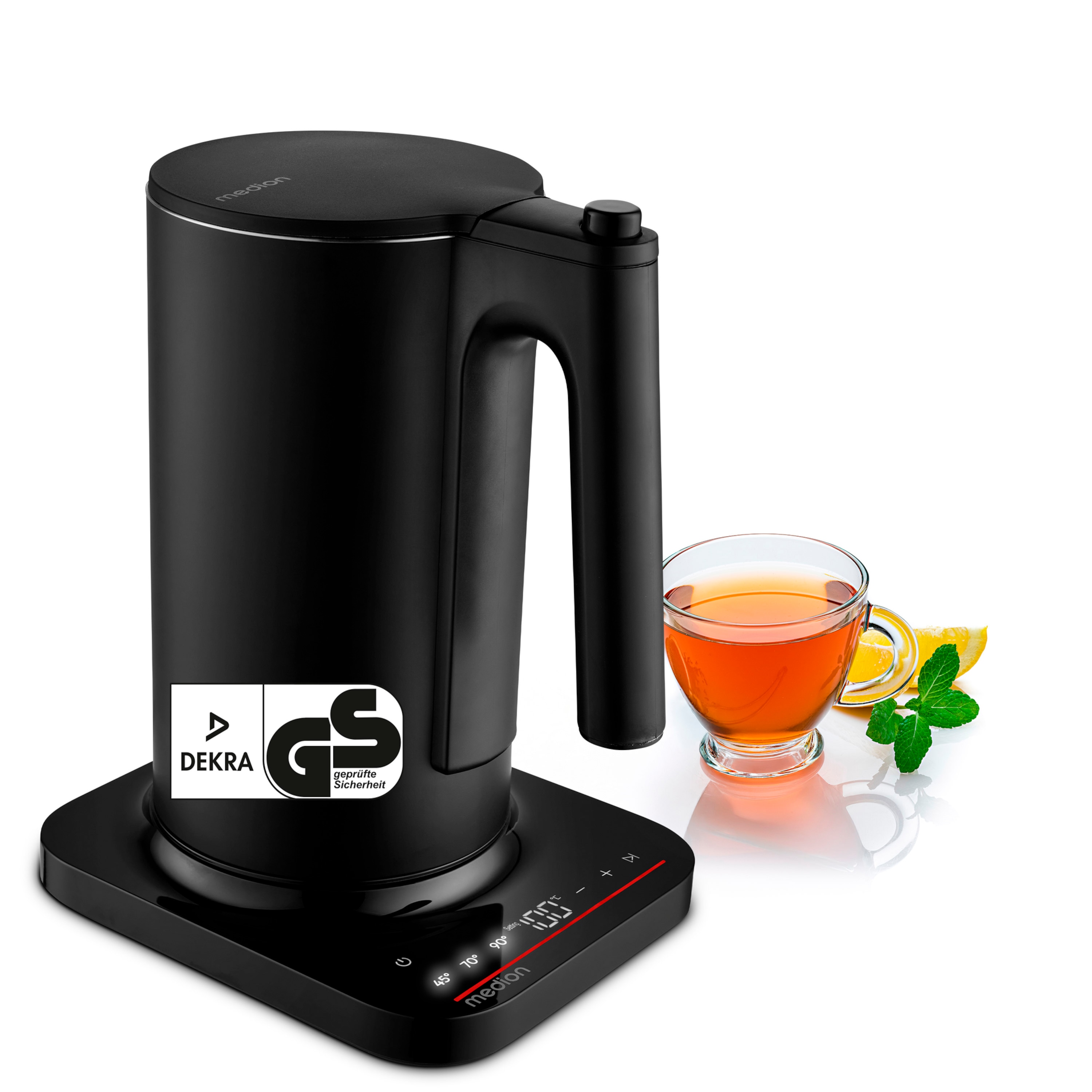 MEDION® LIFE Digitaler Wasserkocher MD12106, 2.200 Watt Leistung, 1,5 Liter Kapazität, LED-Display, LED-leuchtbalken, automatische Programme, Kindersicherung