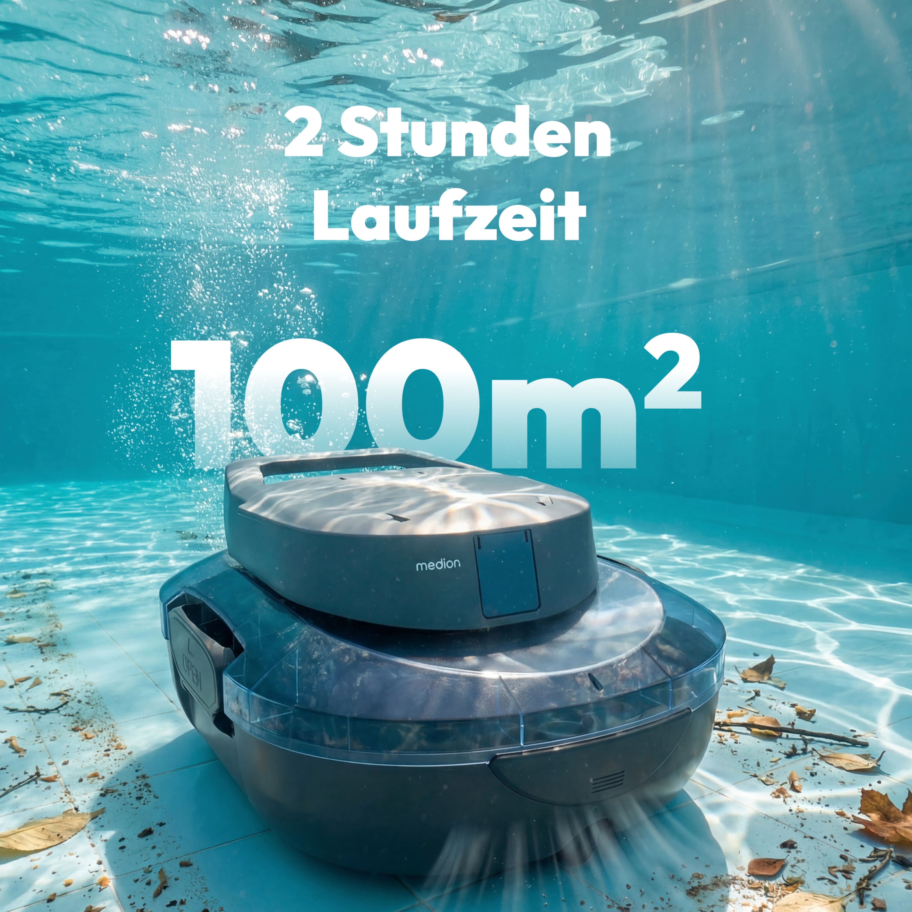 MEDION® LIFE PR1 Poolroboter (MD 100108), Bodenreinigung für Pools, One-Click-Bedienung, Selbstparkfunktion, 120 Min Akkulaufzeit, 2,2 L Filterkapazität, für 80–100 m², inkl. Ladegerät und Haken